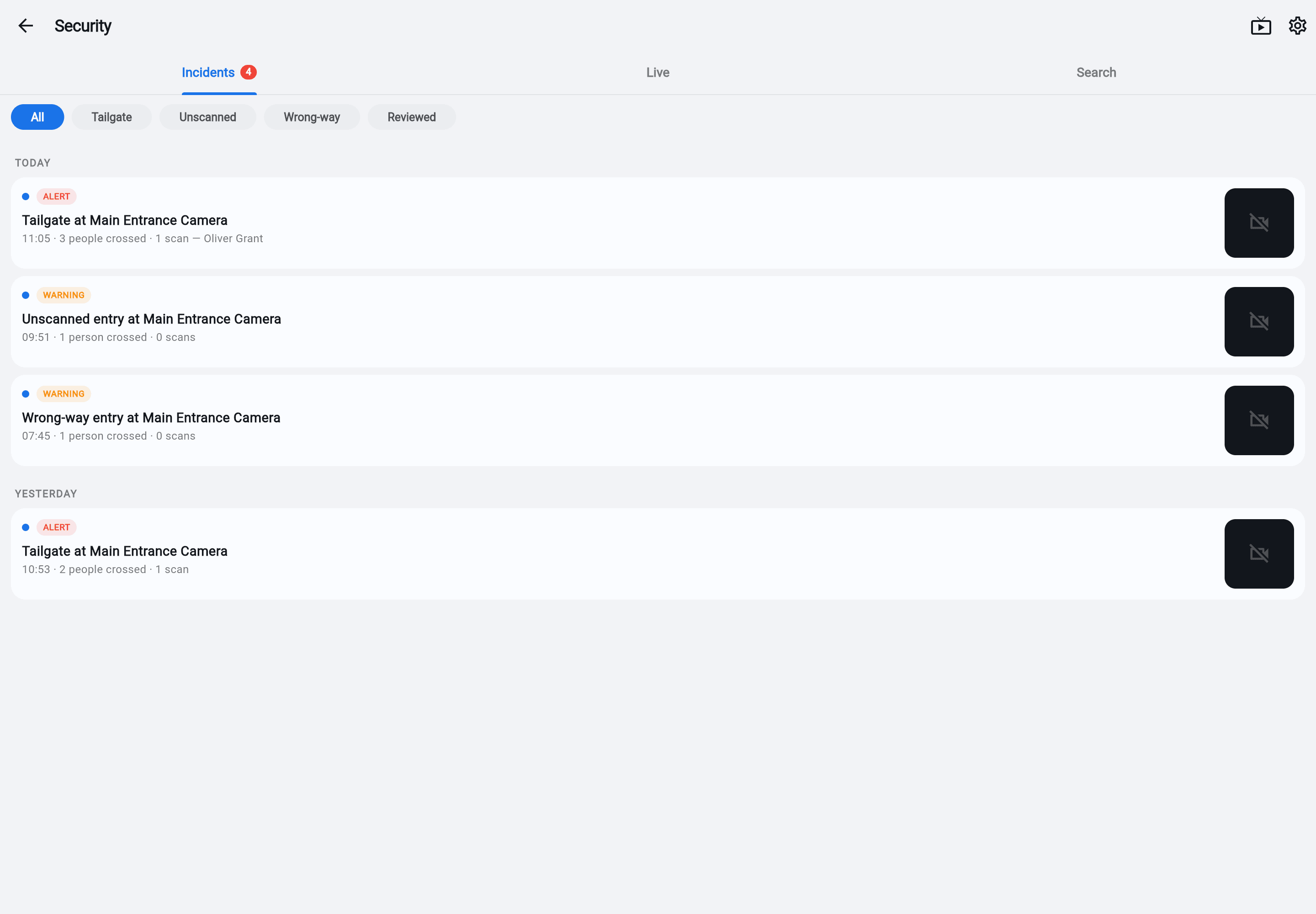 Prism admin camera incident inbox, light theme