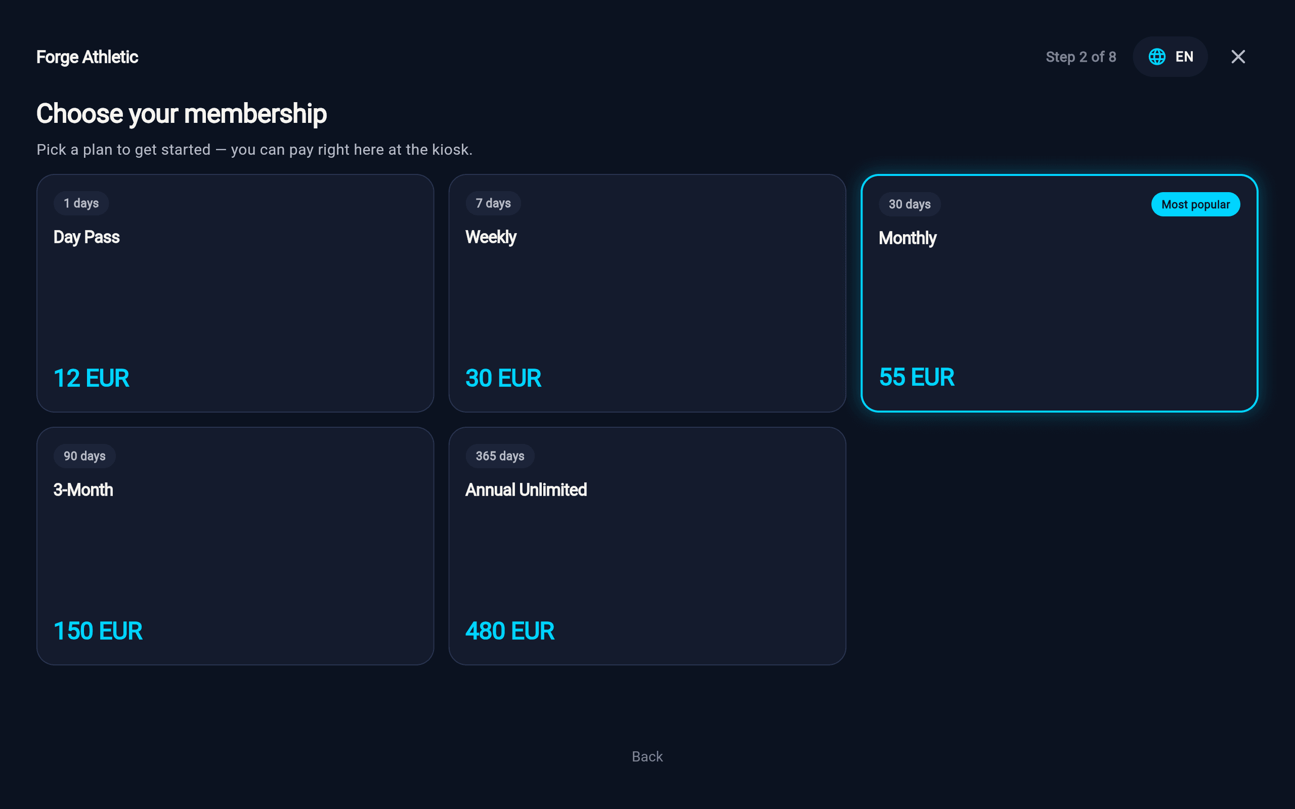 Prism member kiosk, self-signup plan tiles