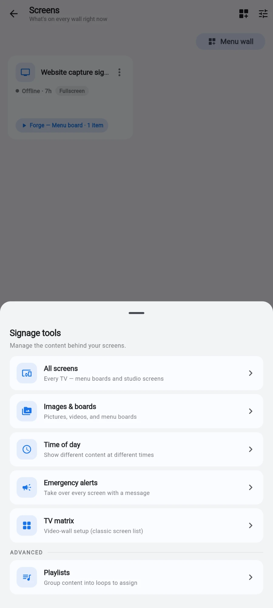 The Signage tools sheet — Manage the content behind your screens — listing All screens, Images & boards, Time of day, Emergency alerts, TV matrix and, under ADVANCED, Playlists, over the Screens hub