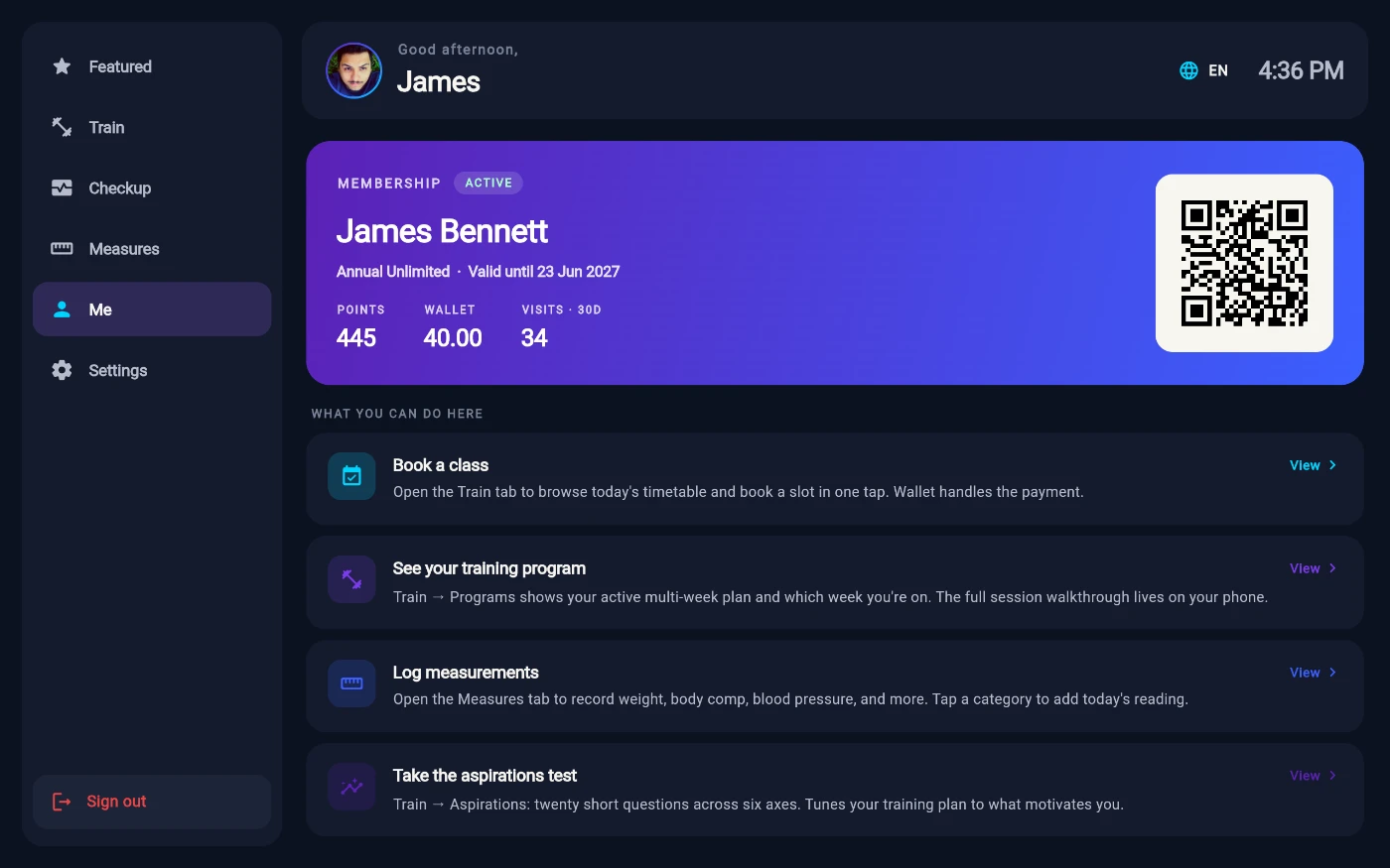 The Me tab: a purple-to-blue gradient membership card for James Bennett with an ACTIVE chip, the plan Annual Unlimited valid until 23 Jun 2027, POINTS 445, WALLET 40.00 and VISITS 30D 34, a member QR code on the right, and a What you can do here list below.
