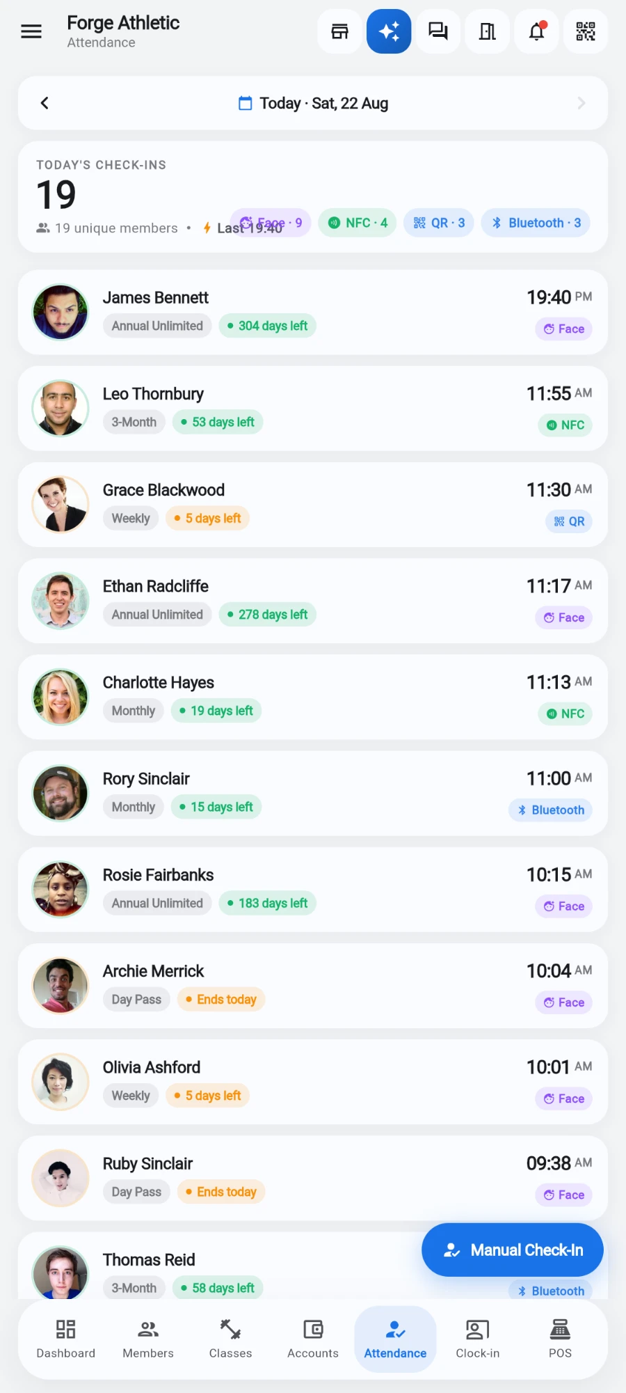 The Attendance tab: date stepper, check-in count with NFC, Face and QR method pills, and the live check-in rows
