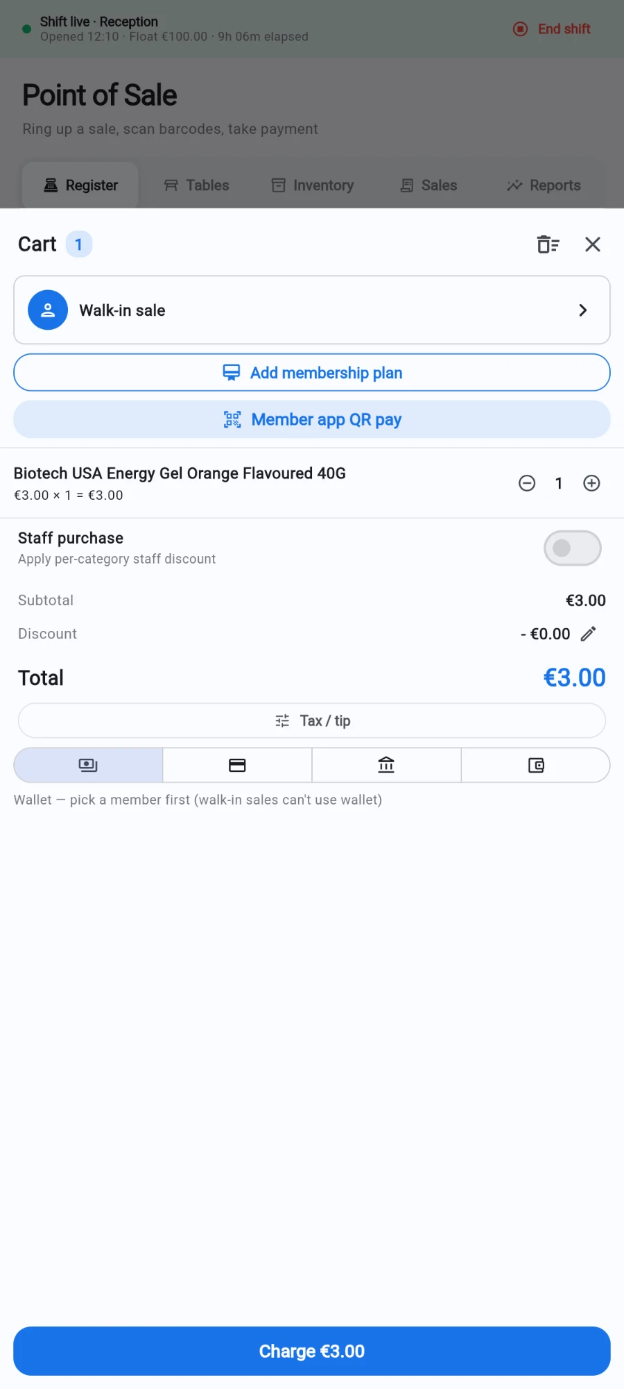 The cart holding the single product that a scanned barcode just added — Biotech USA Energy Gel Orange Flavoured 40G at €3.00 × 1 — on a walk-in sale