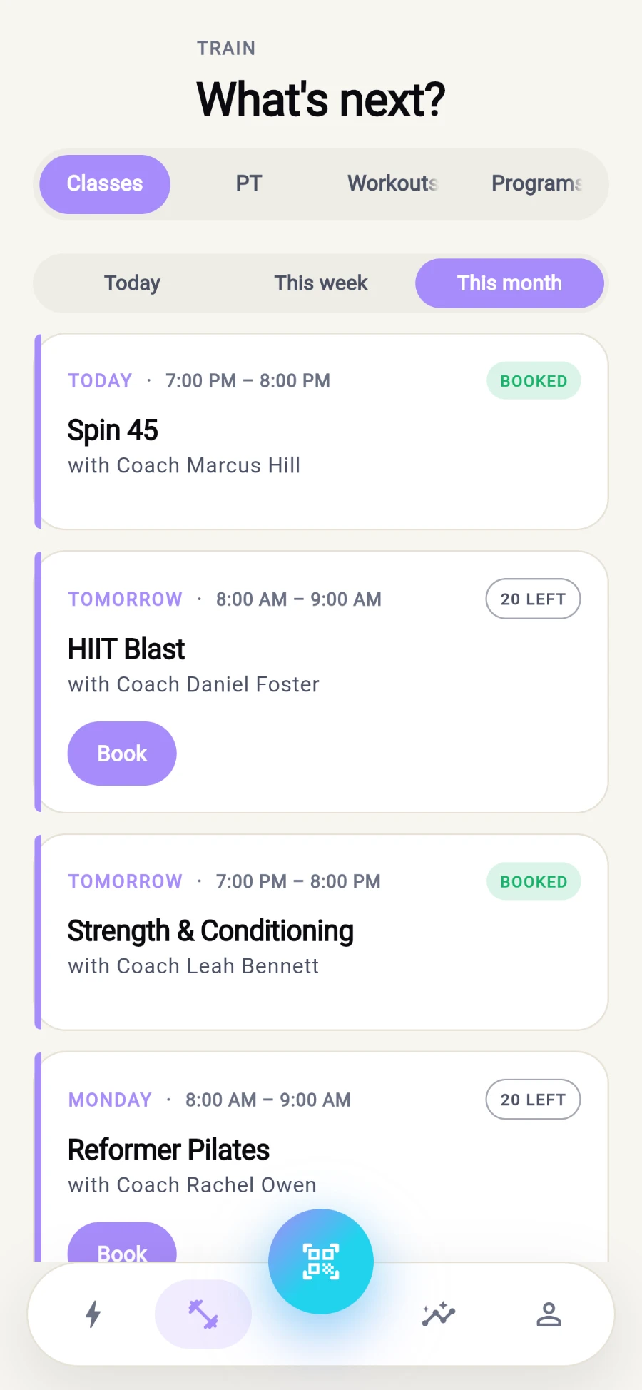 The Classes pane of the Train tab: Today / This week / This month filter chips with This month selected, then class cards for Spin 45 (BOOKED), HIIT Blast (20 LEFT, with a Book button), Strength & Conditioning (BOOKED) and Reformer Pilates (20 LEFT)