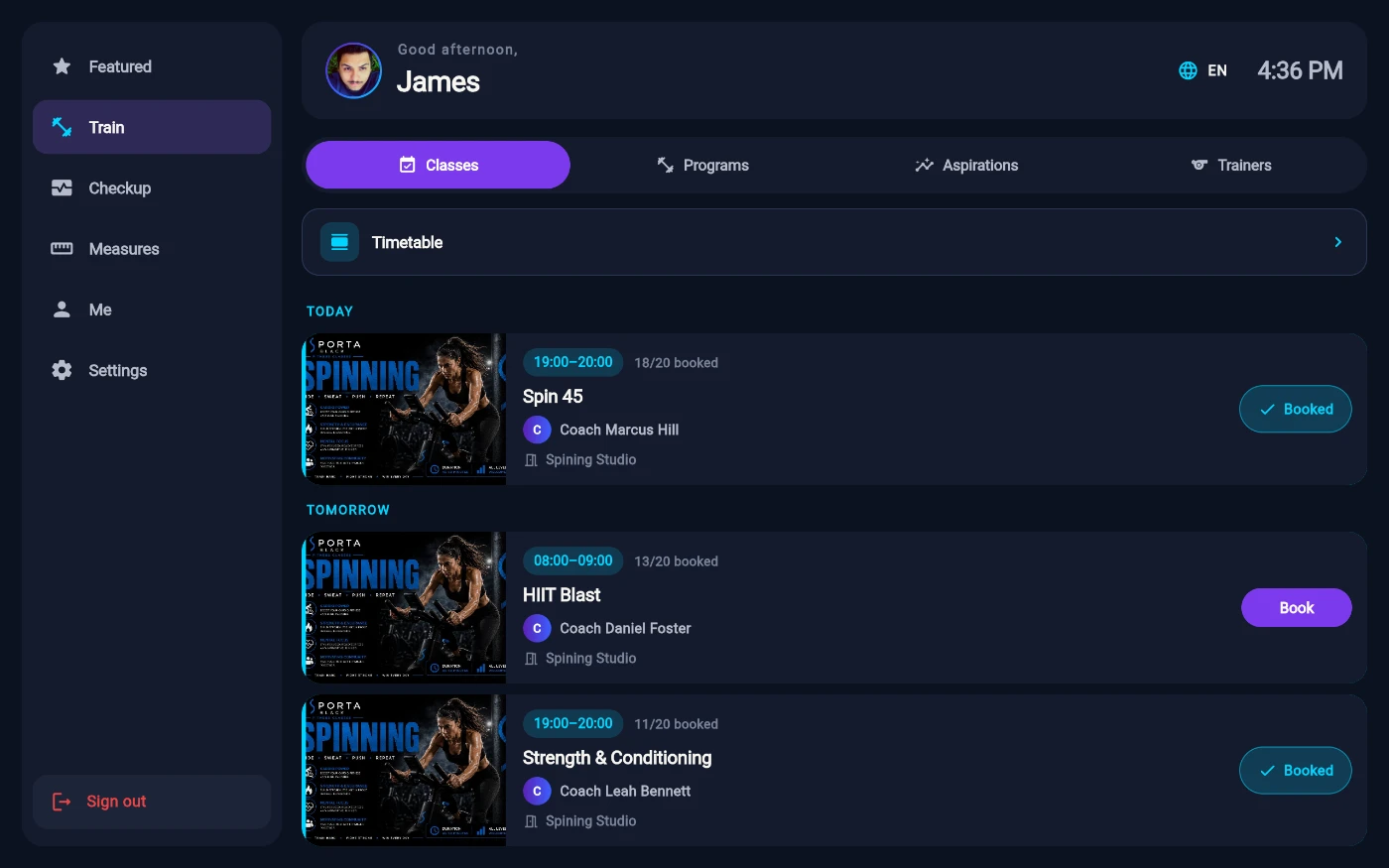 The Train tab on Classes: sub-tabs for Classes, Programs, Aspirations and Trainers, a Timetable row, then TODAY and TOMORROW class cards with artwork banners, time chips, live booked counts, coach and room — Spin 45 already showing Booked and HIIT Blast showing a Book button.