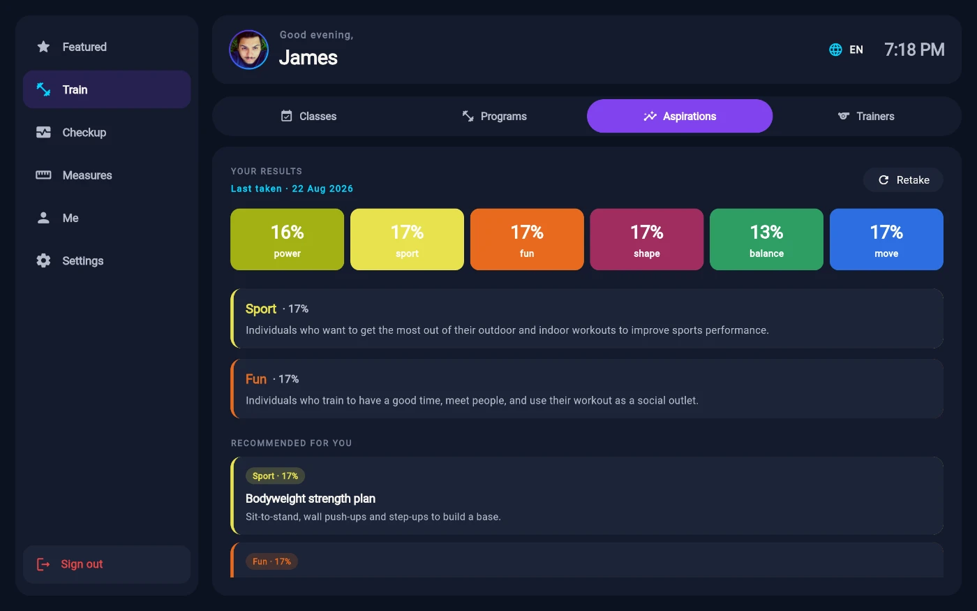 The Aspirations sub-tab showing YOUR RESULTS, Last taken 22 Aug 2026 and a Retake button, six coloured axis tiles - power 16%, sport 17%, fun 17%, shape 17%, balance 13% and move 17% - then the top-two write-ups for Sport and Fun and a RECOMMENDED FOR YOU list starting with a Bodyweight strength plan.