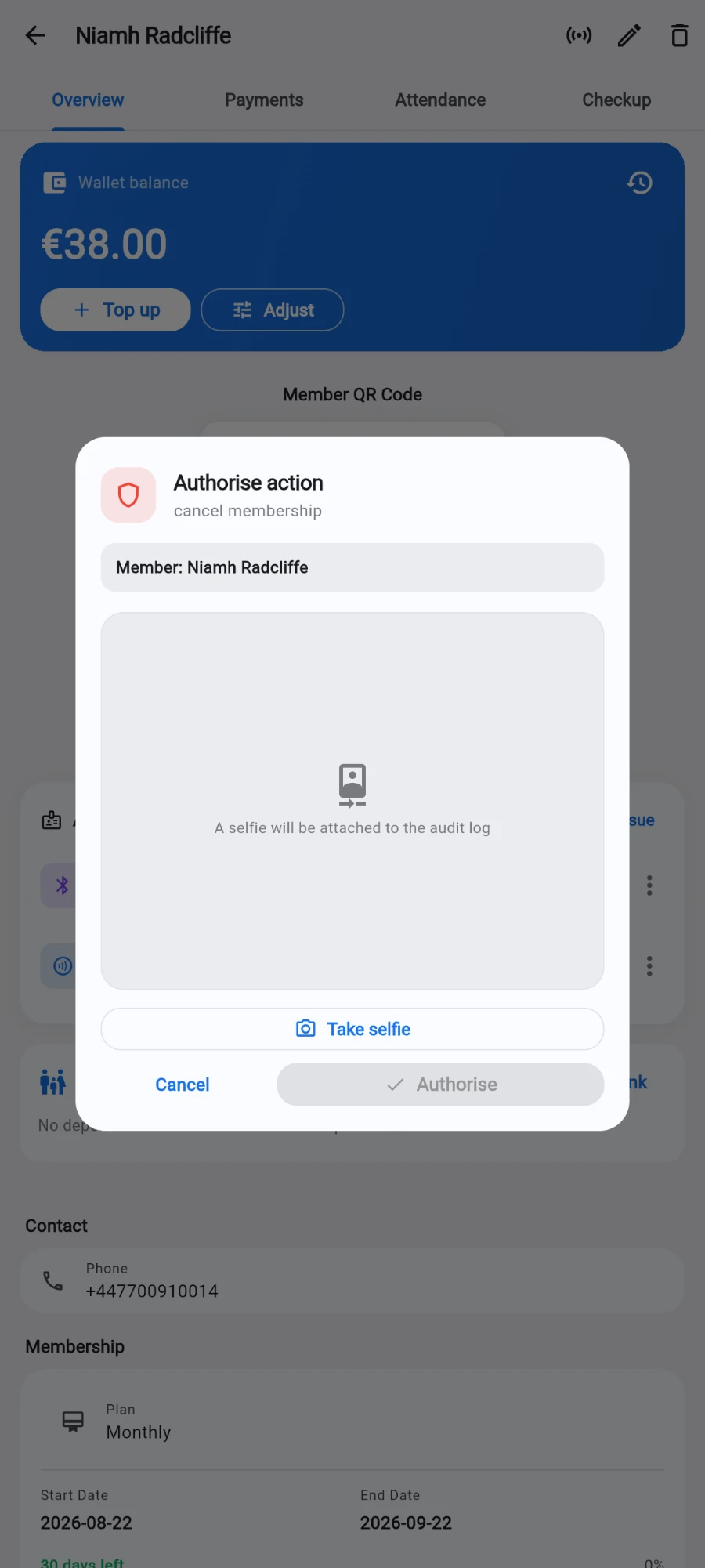 The Authorise action dialog for cancel membership: the member named, an empty photo frame reading a selfie will be attached to the audit log, a Take selfie button, and an Authorise button greyed out until the photo is taken