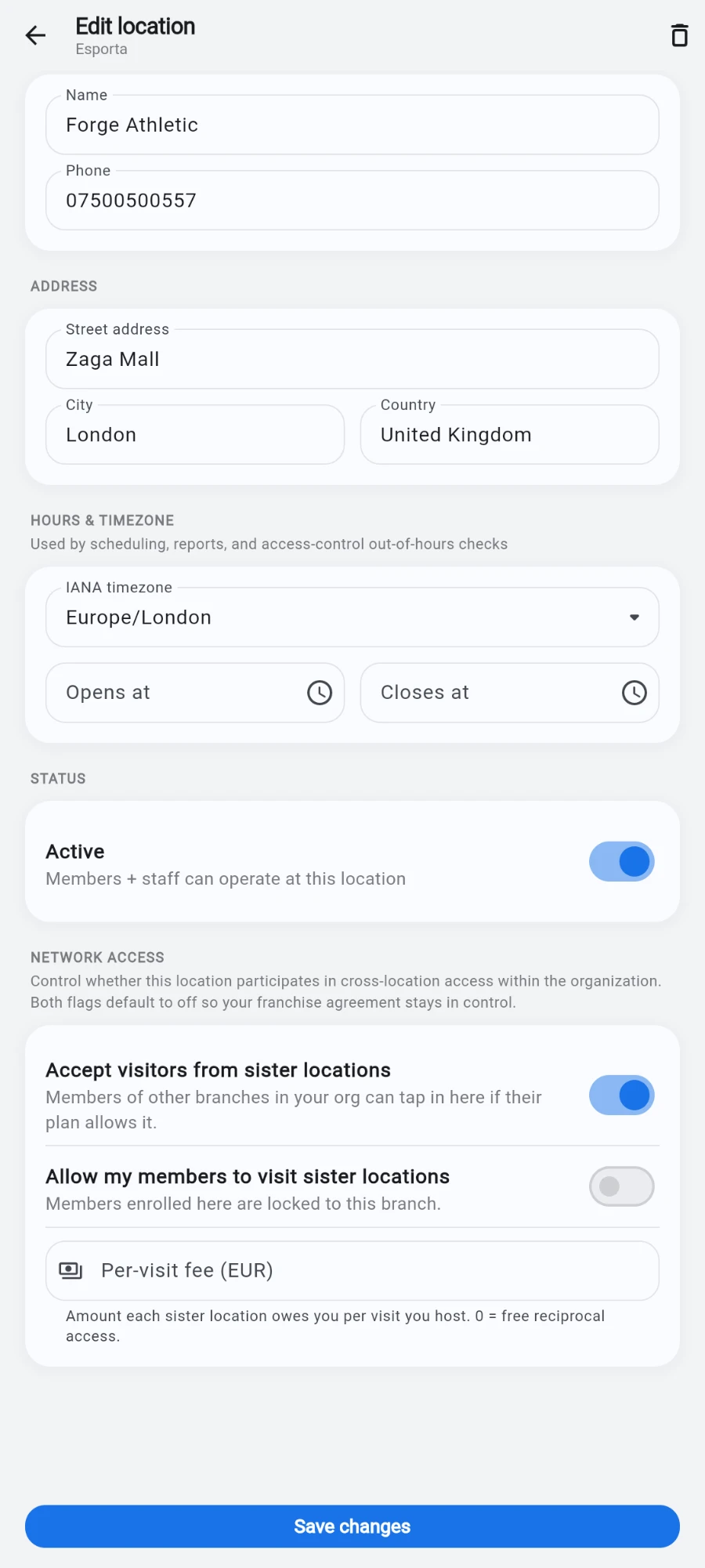 The Network access block on the Forge Athletic location form: 'Accept visitors from sister locations' switched on, 'Allow my members to visit sister locations' off, and a Per-visit fee (EUR) field