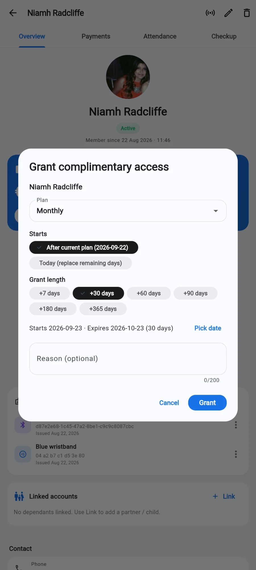 The Grant complimentary access dialog over a member profile: the member's name, a Plan dropdown set to Monthly, the Starts choice with After current plan (2026-09-22) selected next to Today (replace remaining days), the +7 / +30 / +60 / +90 / +180 / +365 days presets with +30 days selected, the line Starts 2026-09-23 · Expires 2026-10-23 (30 days) with a Pick date link, a Reason (optional) box and Cancel / Grant