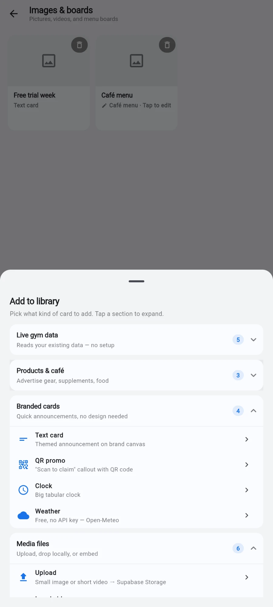 The Add to library sheet with its collapsible groups of card kinds