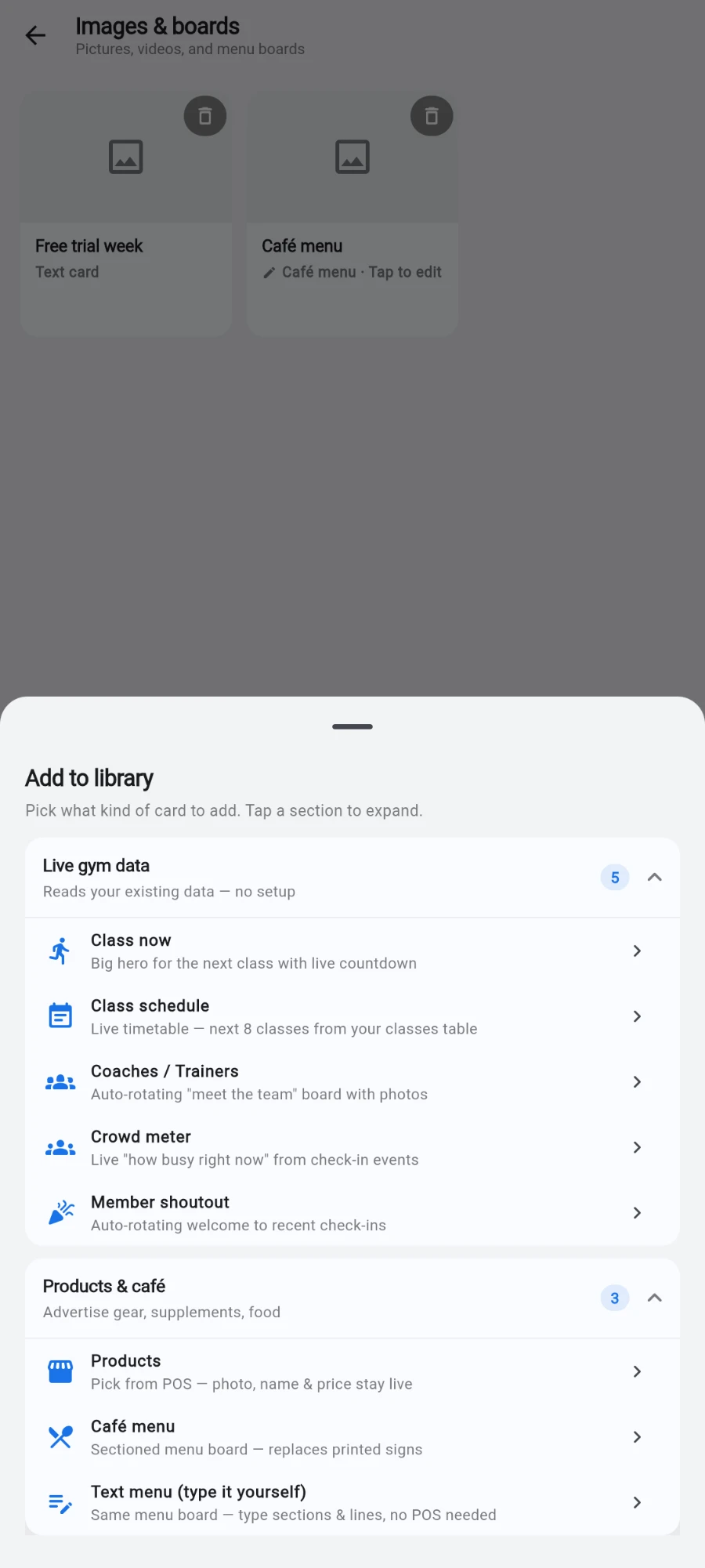 The Live gym data group: Class now, Class schedule, Coaches, Crowd meter, Member shoutout