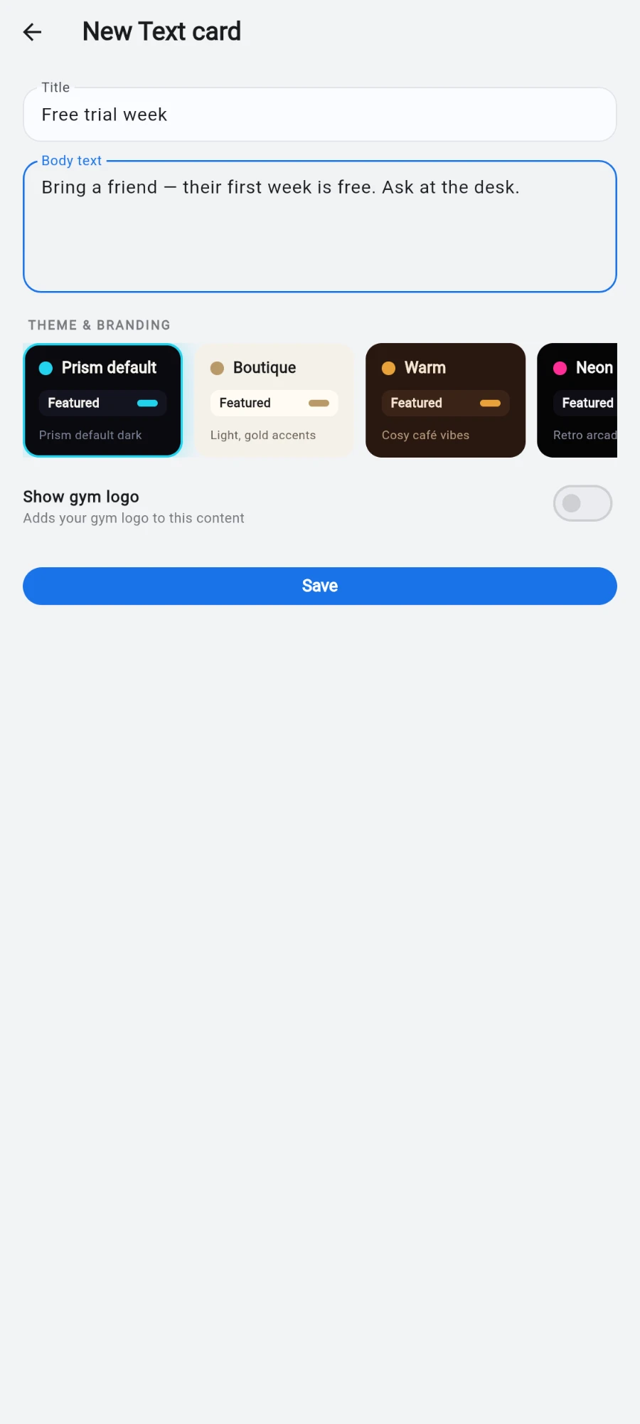 The theme picker on a card: Brand plus the built-in themes