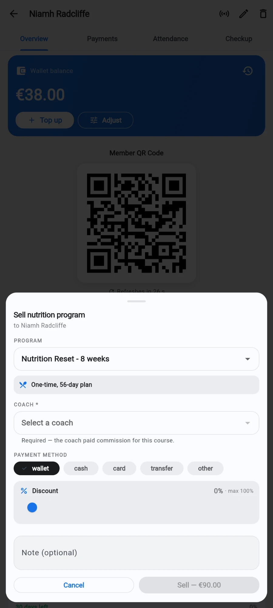 The Sell nutrition program sheet: the program picked with its one-time 56-day summary, a required Select a coach dropdown, the payment method chips with wallet selected, and a Sell — €90.00 button greyed until a coach is chosen