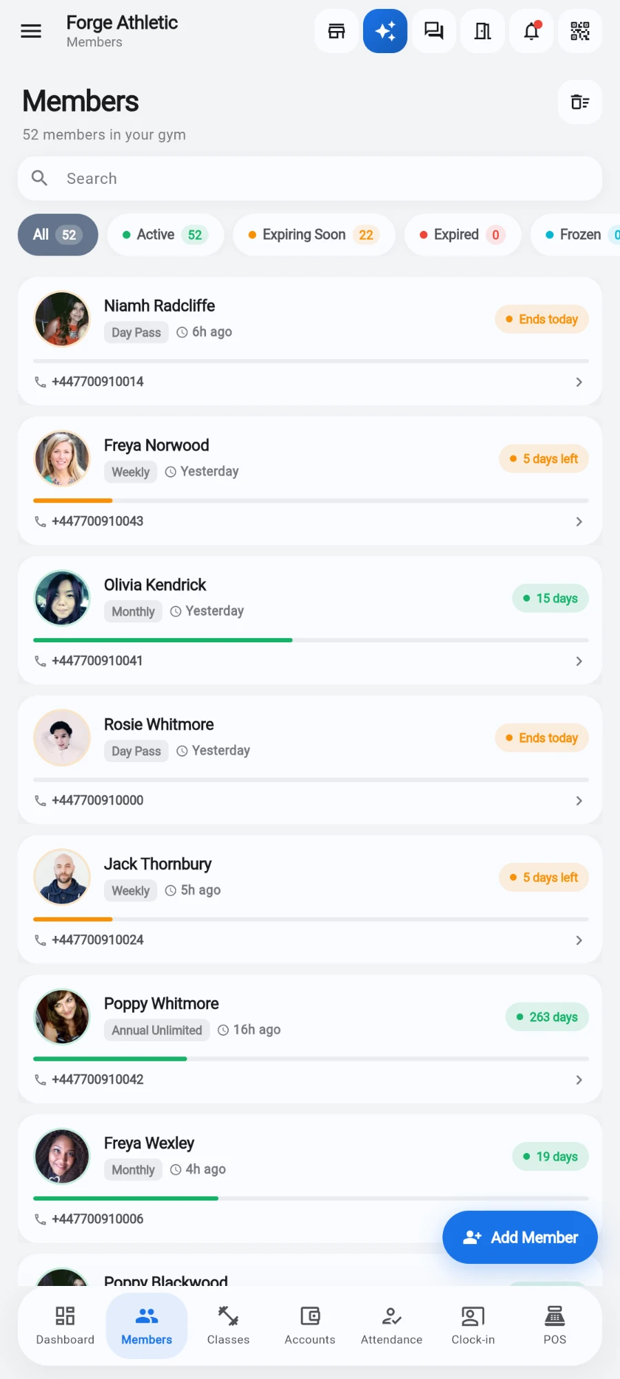 The Members tab: search, status filter chips and the member list, with the Add Member button highlighted