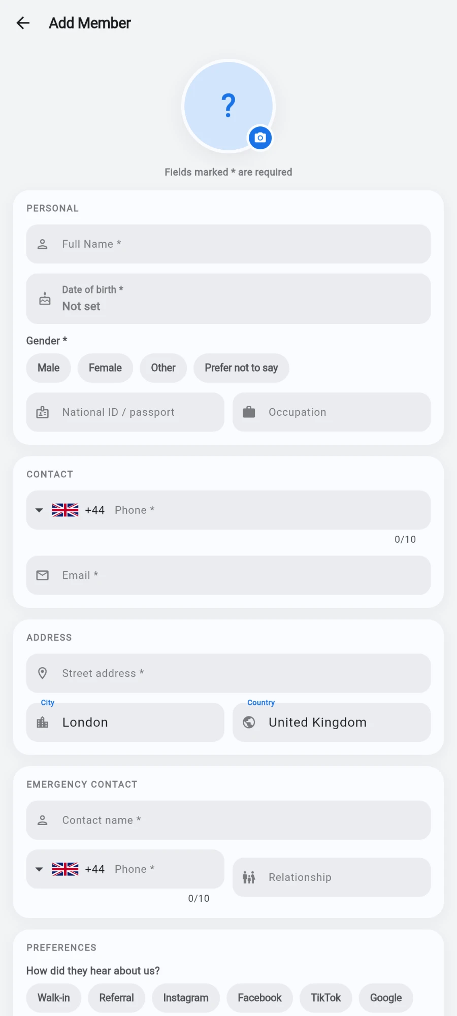 The Add Member form filled in: name, date of birth, gender, phone, email, address and emergency contact