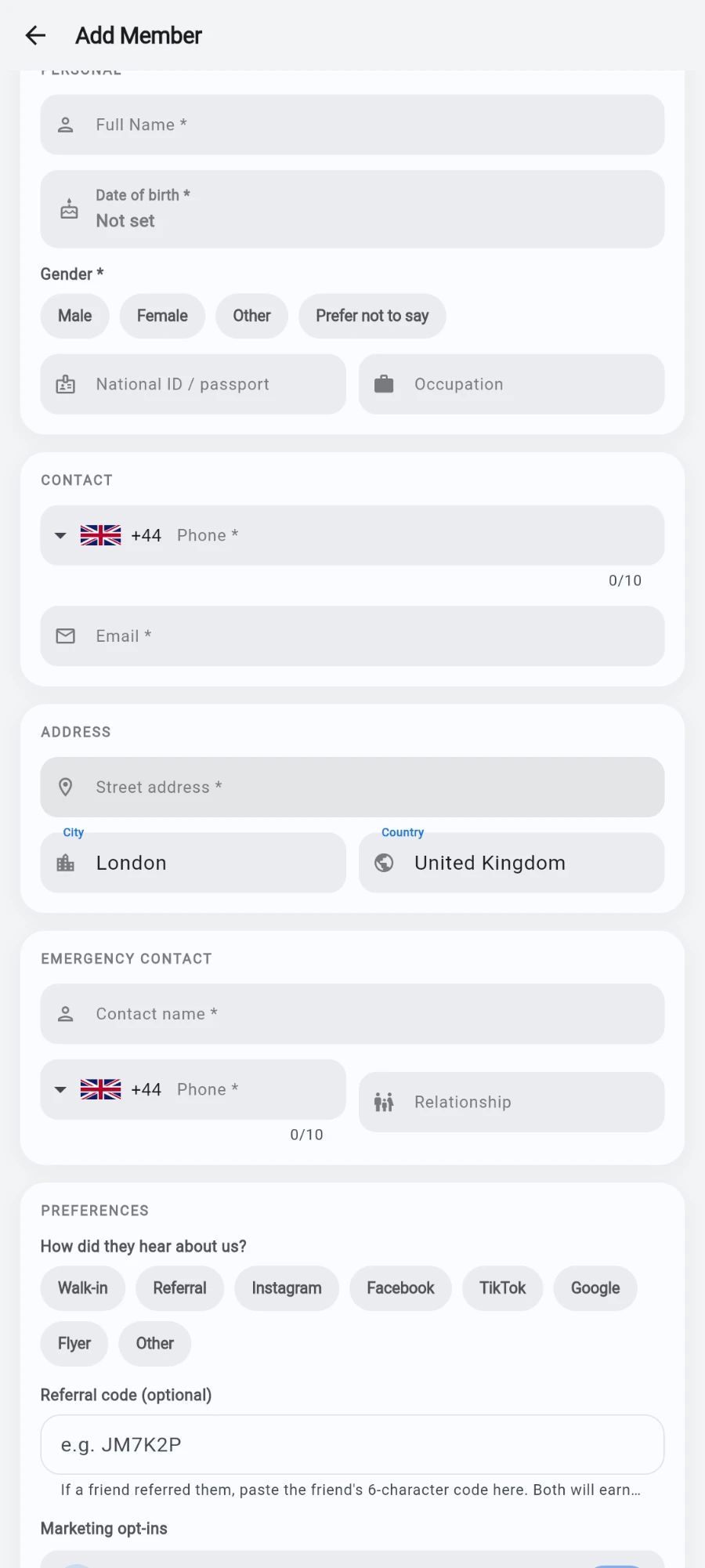 The PREFERENCES section: referral source chips, referral code field and marketing opt-in toggles
