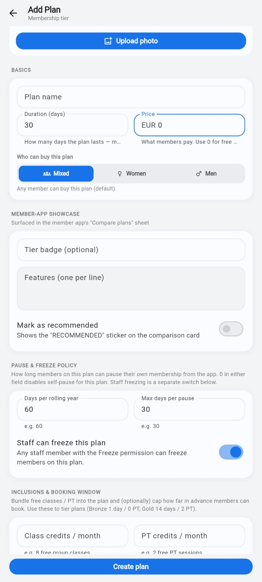 The Basics card: plan name, duration, price and the currency dropdown