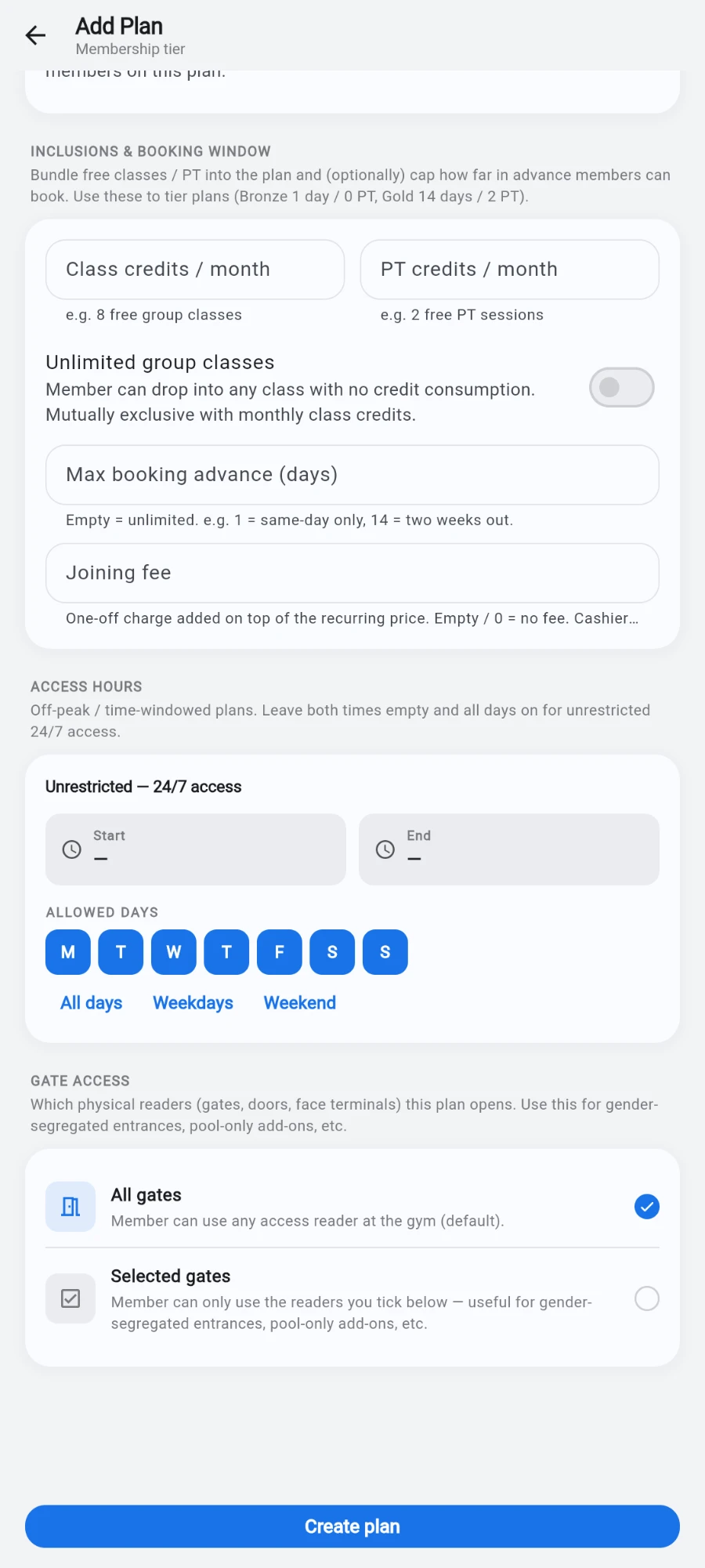The joining fee field with its helper text
