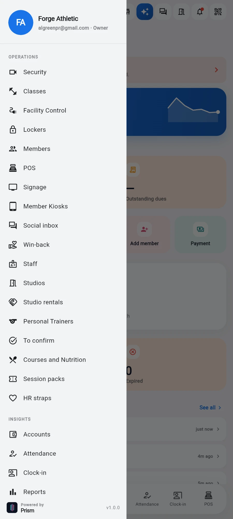 The open navigation drawer listing the OPERATIONS and INSIGHTS groups