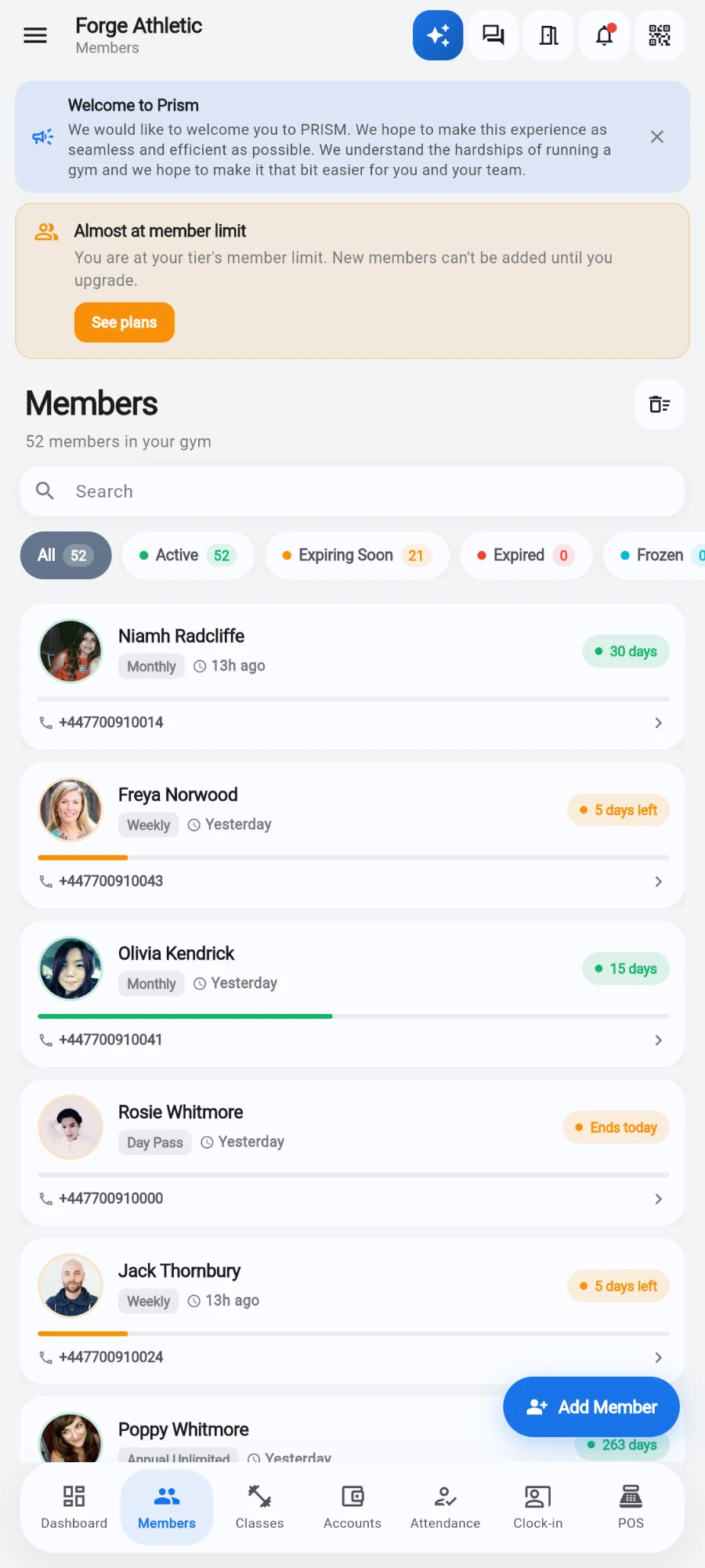 The Members tab headed 'Forge Athletic — Members' with the sweep-bin Deleted members icon at the right of the Members heading, above the search box, the All / Active / Expiring Soon / Expired / Frozen filter chips with their live counts, and the member list