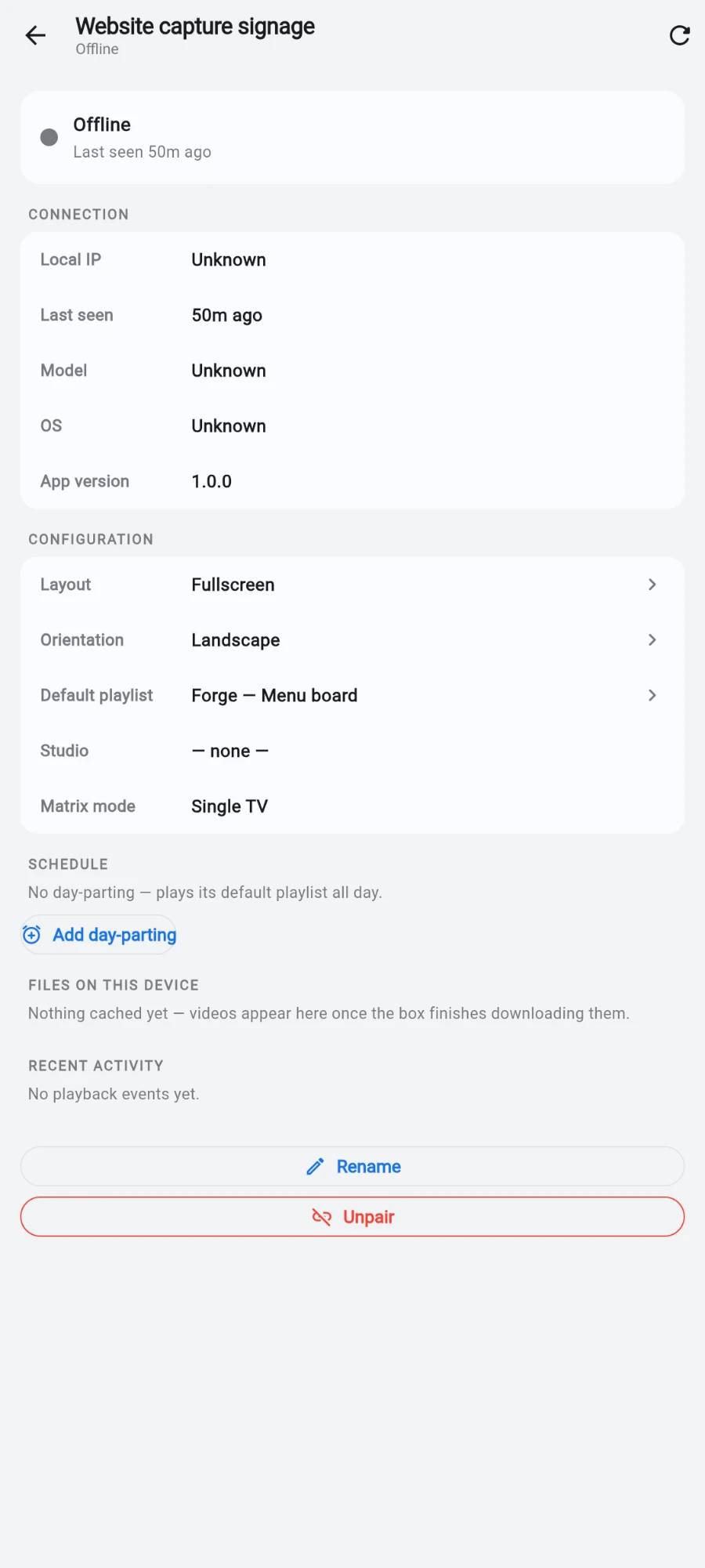 The device detail page: status, Connection and Configuration cards