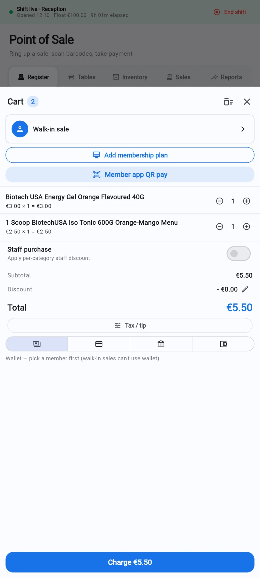 A two-line cart with a €5.50 subtotal, the Discount row showing - €0.00 with a pencil icon beside it, the total, and the tender row beneath
