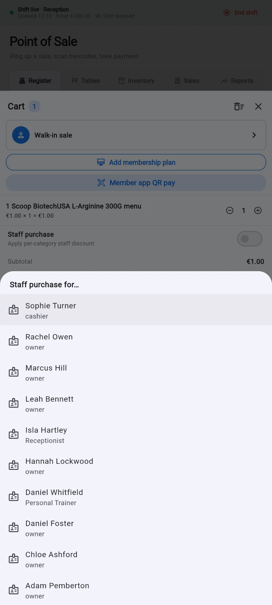 The Staff purchase for… sheet listing staff by name and role, opened over the cart from the Staff purchase switch