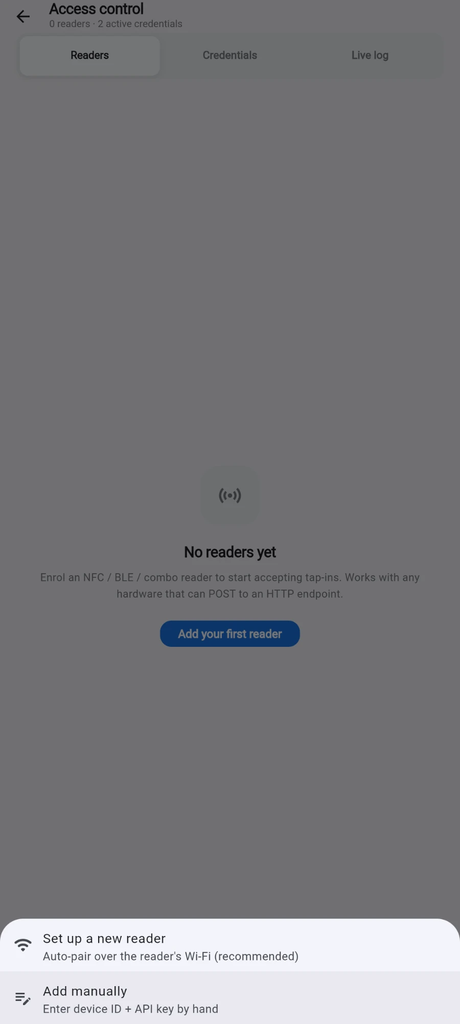 The Add reader sheet over the empty Access control Readers tab, offering “Set up a new reader — Auto-pair over the reader's Wi-Fi (recommended)” and “Add manually — Enter device ID + API key by hand”