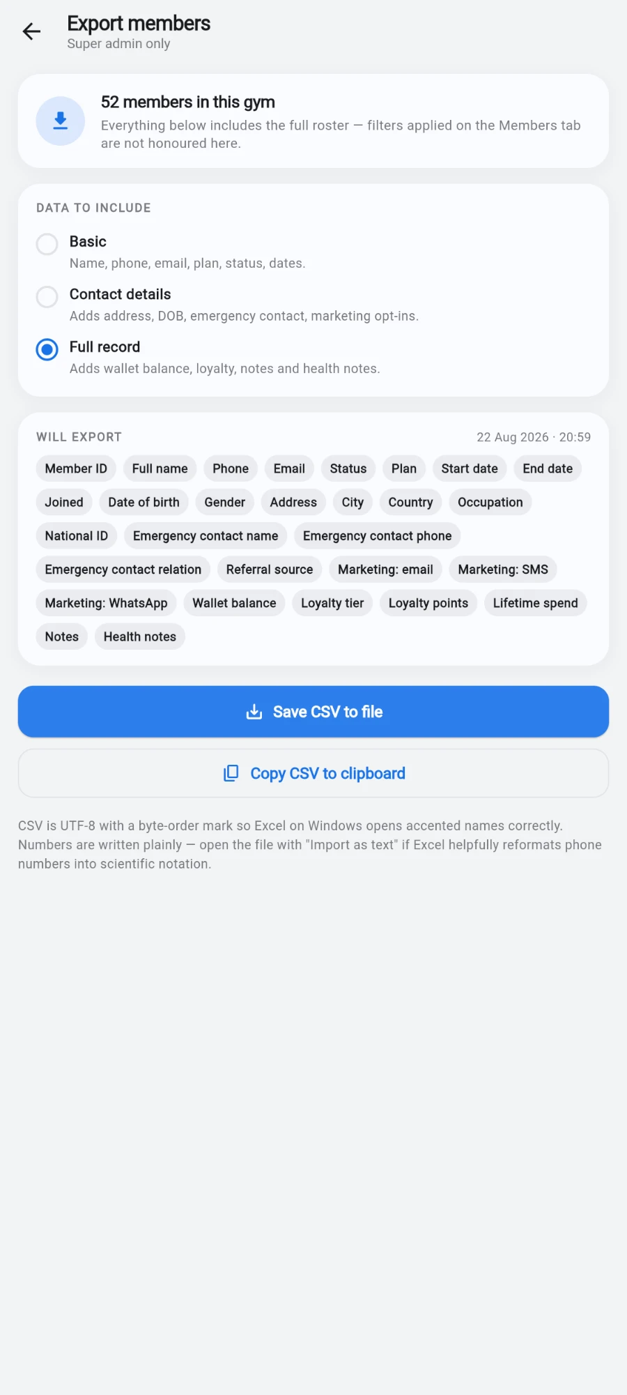 The same Export members screen with Full record selected, so the column list also carries Wallet balance, Loyalty tier, Loyalty points, Lifetime spend, Notes and Health notes, above the blue Save CSV to file button, the Copy CSV to clipboard button and the note that the file is written as UTF-8 with a byte-order mark so Excel reads it correctly