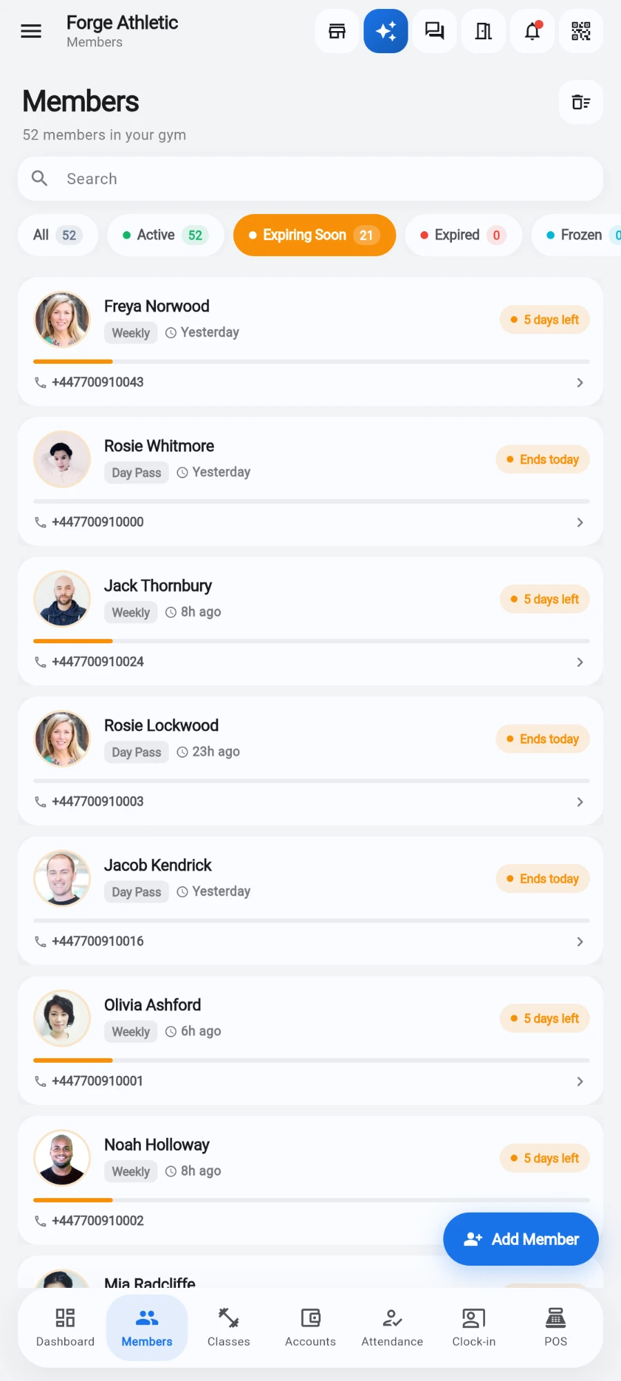 The Members list with the Expiring Soon chip selected and highlighted in orange showing 21, and the list narrowed to members whose pills read 5 days left or Ends today