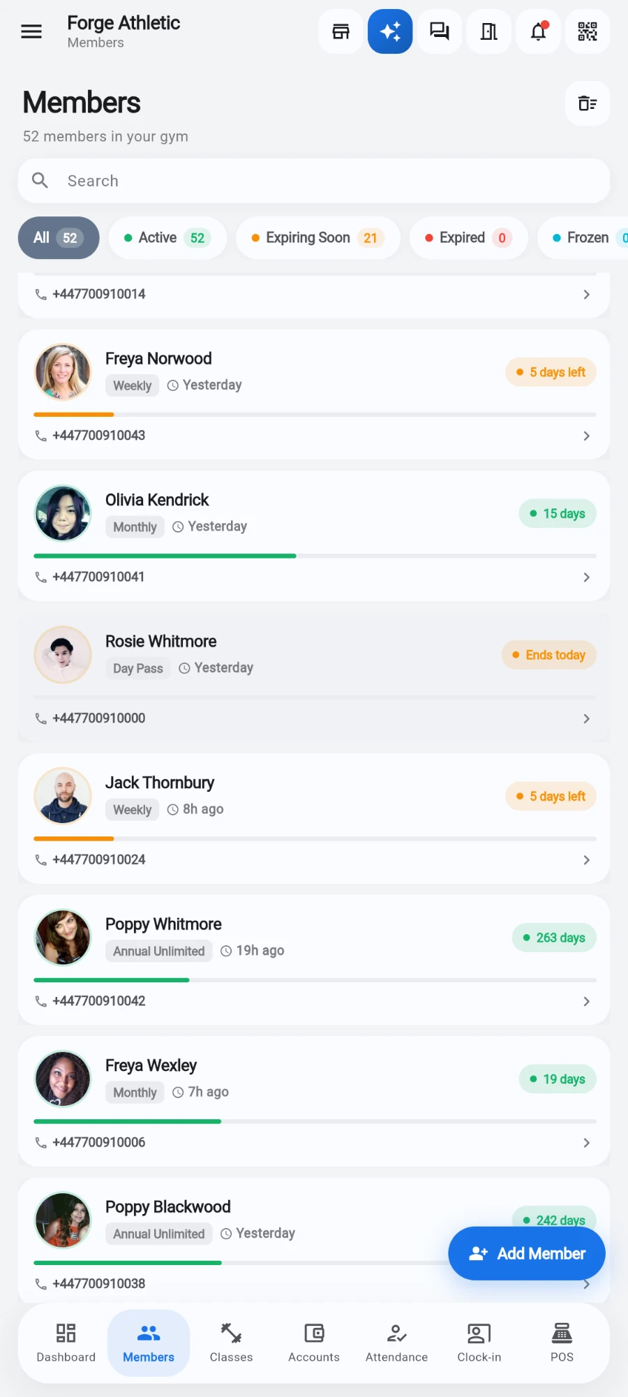 Member cards scrolled into view, each showing the photo, name, plan chip, a clock tag with the last check-in, a coloured days-remaining pill, the term progress bar and the phone number