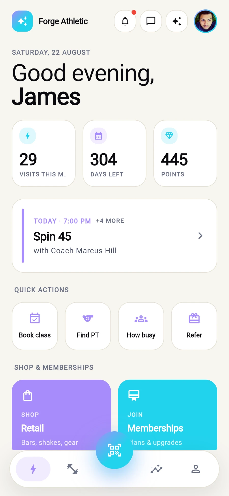 The Today tab: Forge Athletic header with bell, messages and avatar; the greeting Good evening, James; three stat pills reading 29 visits this month, 304 days left and 445 points; a next-class card for Spin 45; the Quick actions row; and the Retail and Memberships tiles