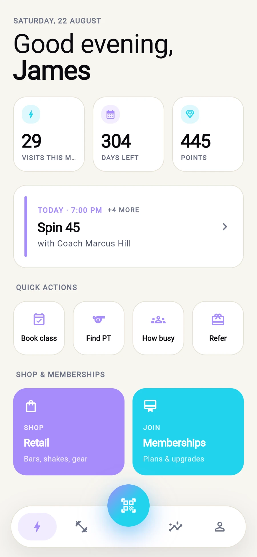 The lower half of Today: the Quick actions row with Book class, Find PT, How busy and Refer, and below it the SHOP & MEMBERSHIPS tiles for Retail and Memberships
