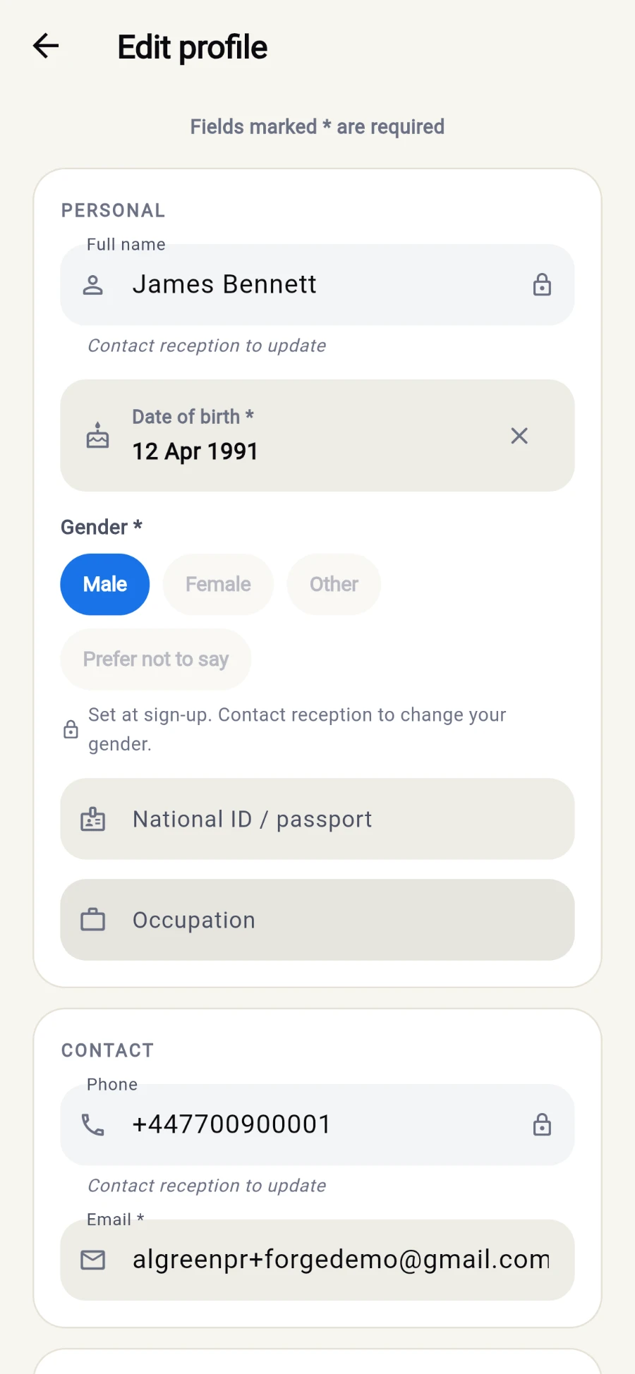 The Edit profile screen: Full name and Phone shown with padlock icons and Contact reception to update beneath each, a Date of birth field, a locked Gender selector noting Set at sign-up, contact reception to change your gender, plus editable National ID, Occupation and Email fields