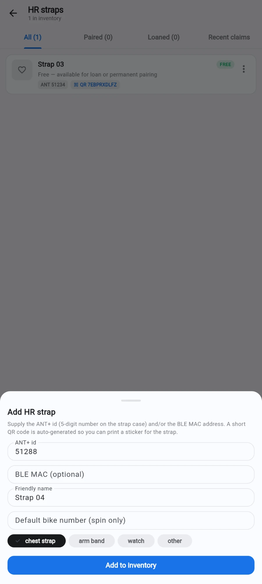 The Add HR strap sheet — Supply the ANT+ id (5-digit number on the strap case) and/or the BLE MAC address. A short QR code is auto-generated so you can print a sticker for the strap — with 51288 in ANT+ id, an empty BLE MAC (optional), Strap 04 in Friendly name, an empty Default bike number (spin only), chest strap selected among arm band / watch / other, and Add to inventory