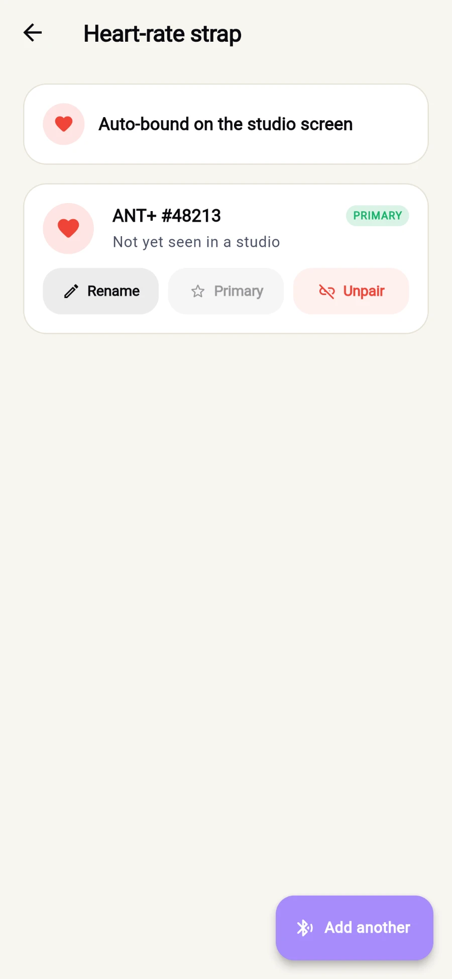 The Heart-rate strap screen with one paired device: ANT+ #48213 carrying a green PRIMARY badge and the note Not yet seen in a studio, with Rename, Primary and Unpair buttons on the row and an Add another button below