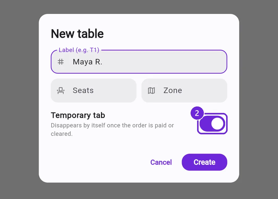 The New table dialog with a customer name as the label and the Temporary tab switch on