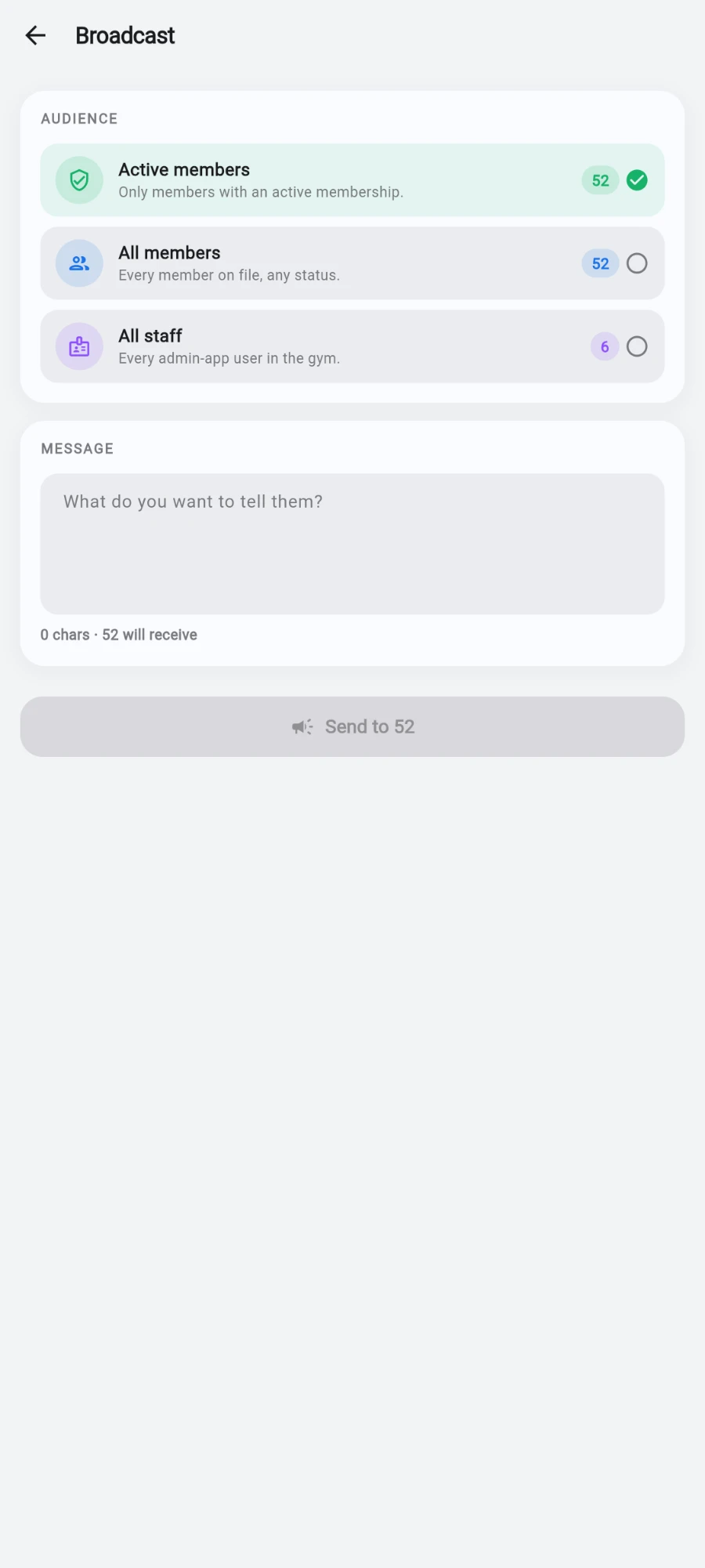 The Broadcast composer: an AUDIENCE card with Active members selected (52), All members (52) and All staff (6), a MESSAGE card with an empty 'What do you want to tell them?' box and a '0 chars · 52 will receive' counter, and the greyed-out 'Send to 52' button below