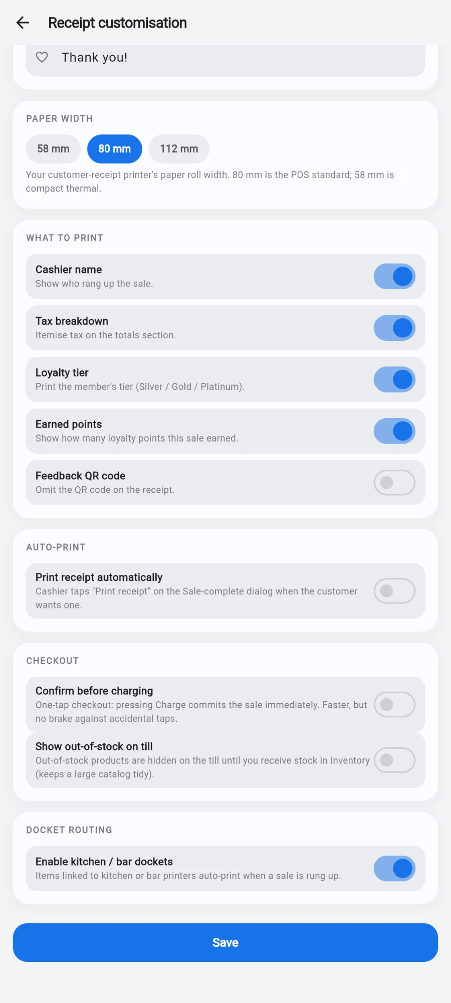 The Docket routing section of Receipt customisation with Enable kitchen / bar dockets switched on, its subtitle confirming that items linked to kitchen or bar printers auto-print when a sale is rung up, above the Save button