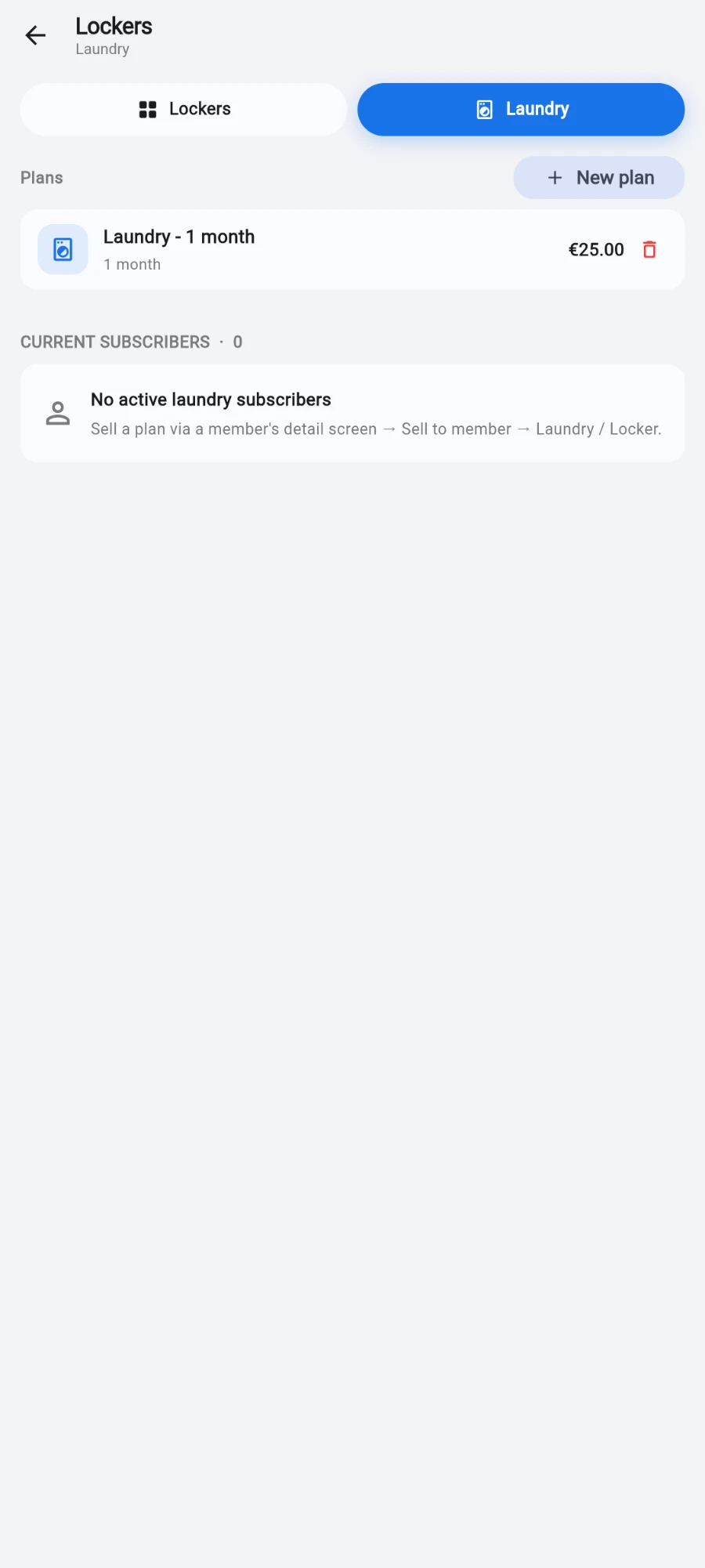 The Laundry tab of Lockers: a Plans list holding a one-month €25.00 laundry plan with the New plan button above it, and a current subscribers section reading none active