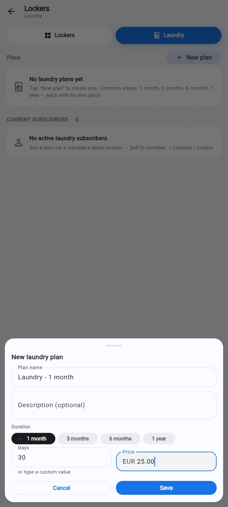 The New laundry plan sheet filled in: plan name, an optional description, the 1 month duration chip selected with 30 days, and a price of EUR 25.00