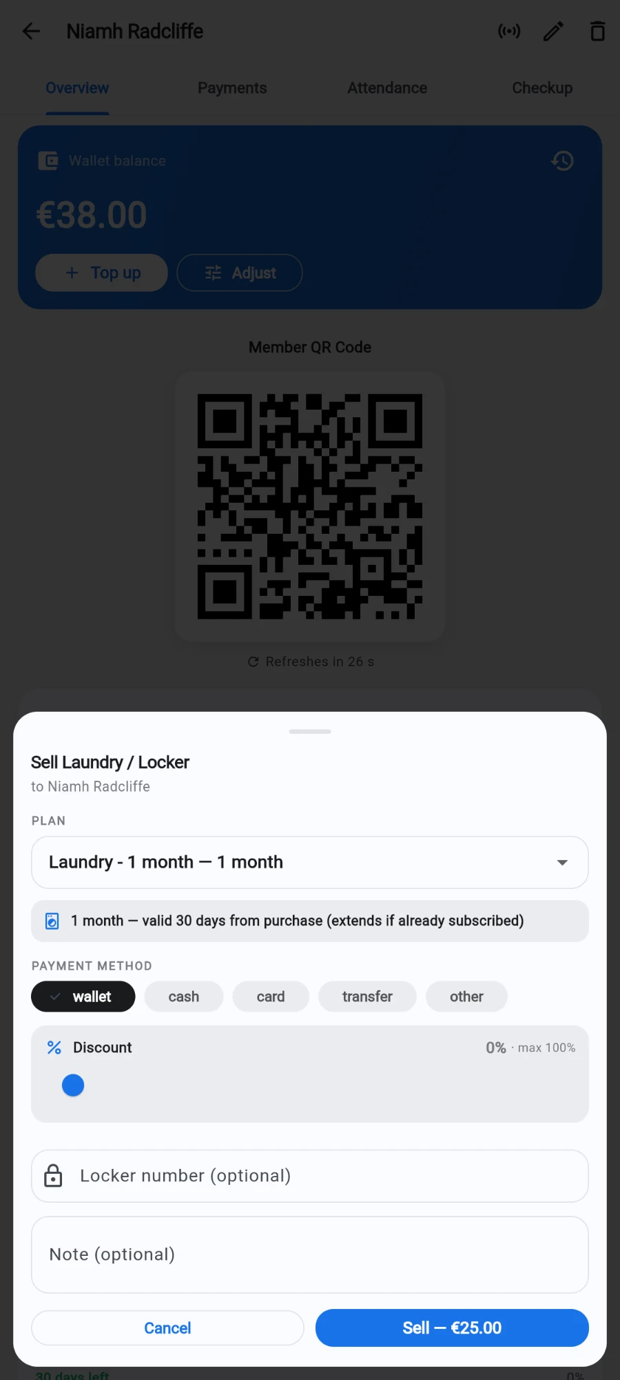 The Sell Laundry / Locker sheet for a member: the one-month plan picked with its validity line, the payment method chips with wallet selected, a discount slider, an optional locker number field and a Sell — €25.00 button