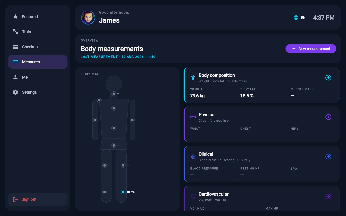 The Measures tab: an OVERVIEW header reading Body measurements with a New measurement button and LAST MEASUREMENT · 19 AUG 2026, 11:40, a body map silhouette with 18.5% pinned to it, and category cards for Body composition (weight 79.6 kg, body fat 18.5 %), Physical, Clinical and Cardiovascular.