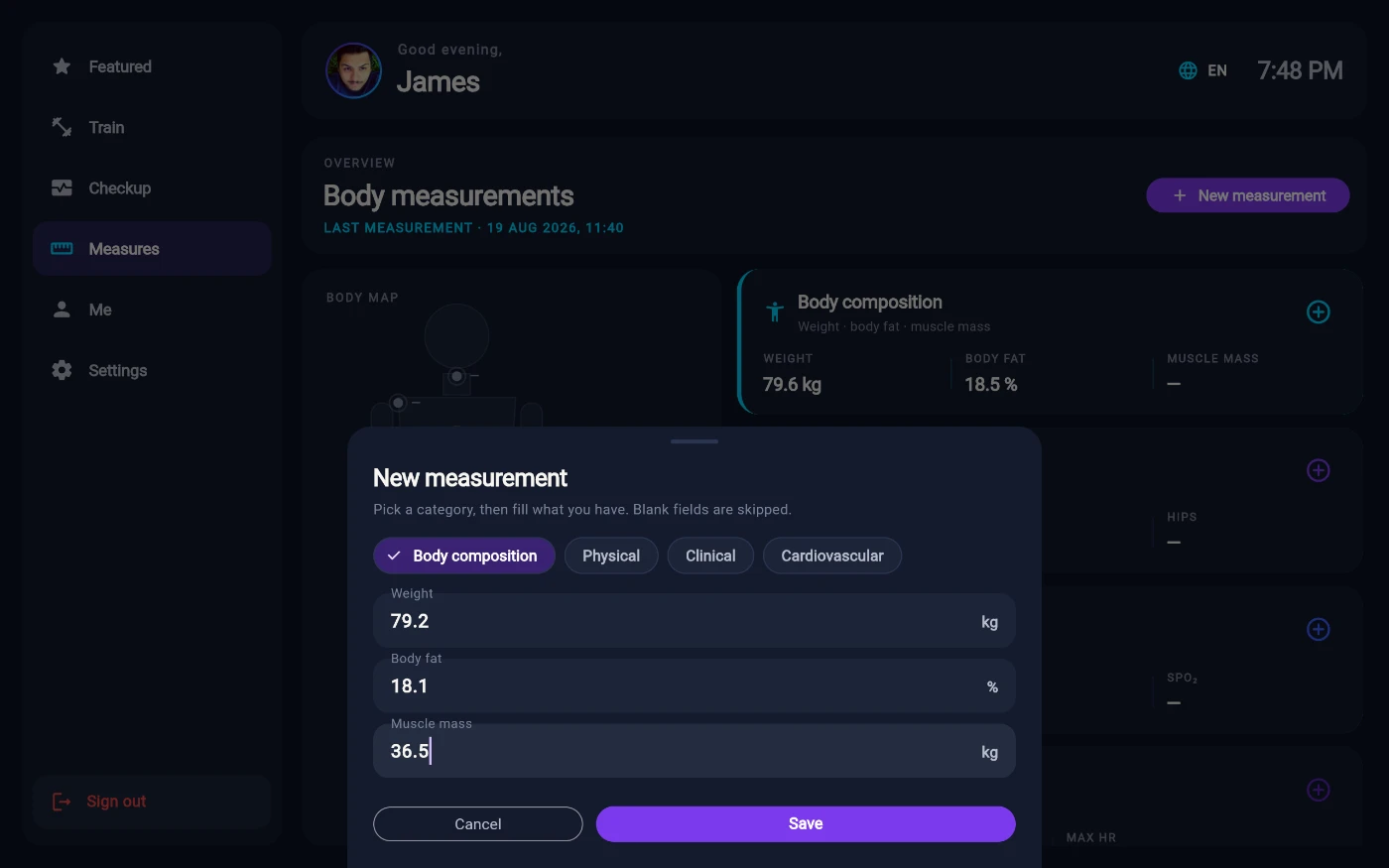 The New measurement sheet over the Measures tab, headed Pick a category, then fill what you have. Blank fields are skipped, with Body composition selected among Physical, Clinical and Cardiovascular, and Weight 79.2 kg, Body fat 18.1 % and Muscle mass 36.5 kg typed in above the Cancel and Save buttons.