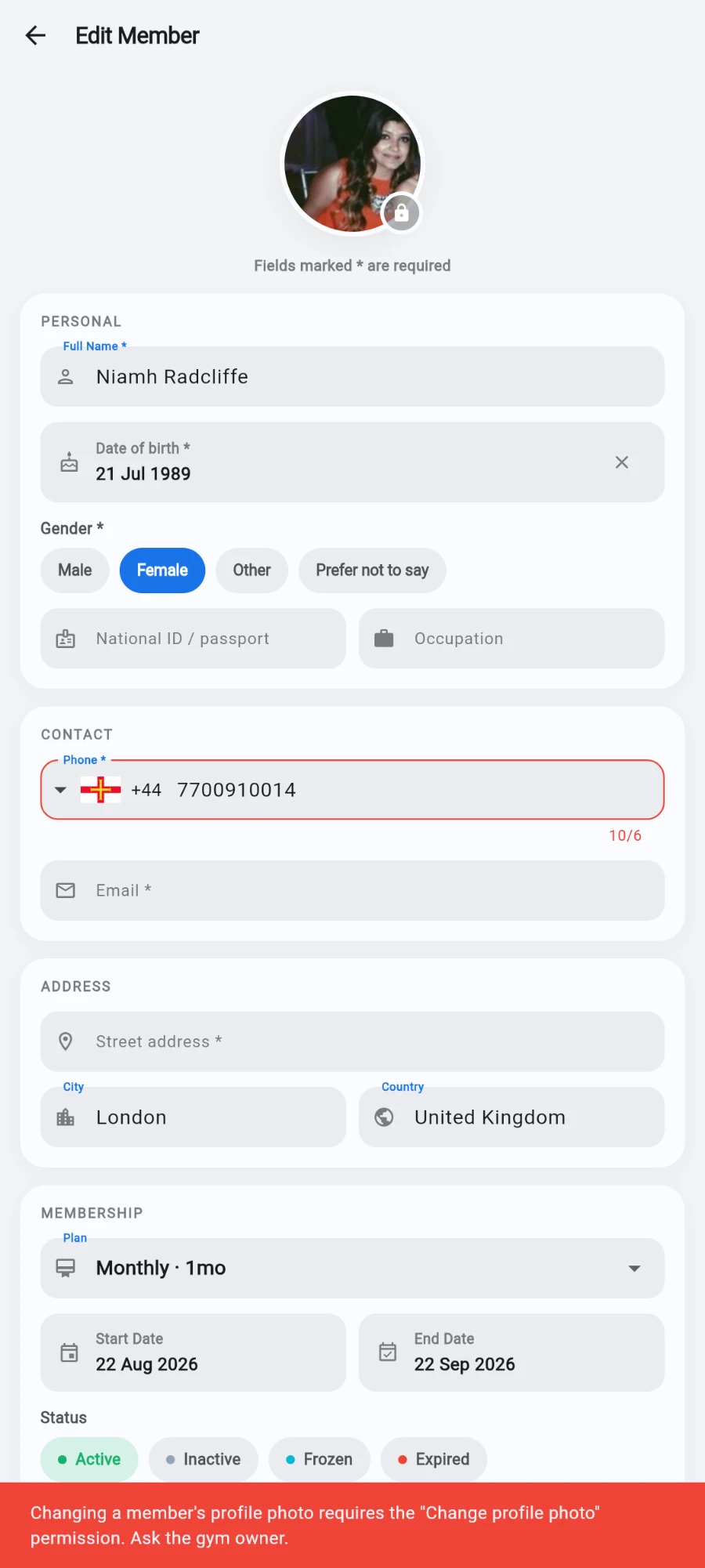 The Edit Member form for Niamh Radcliffe with a padlock badge on her photo circle, and a red bar at the bottom reading 'Changing a member's profile photo requires the Change profile photo permission. Ask the gym owner.'