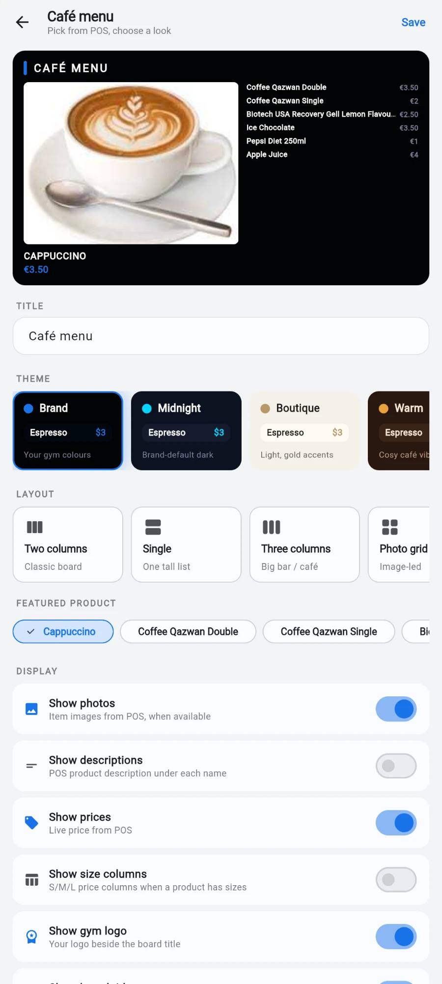 The Cafe menu editor with the live preview at the top