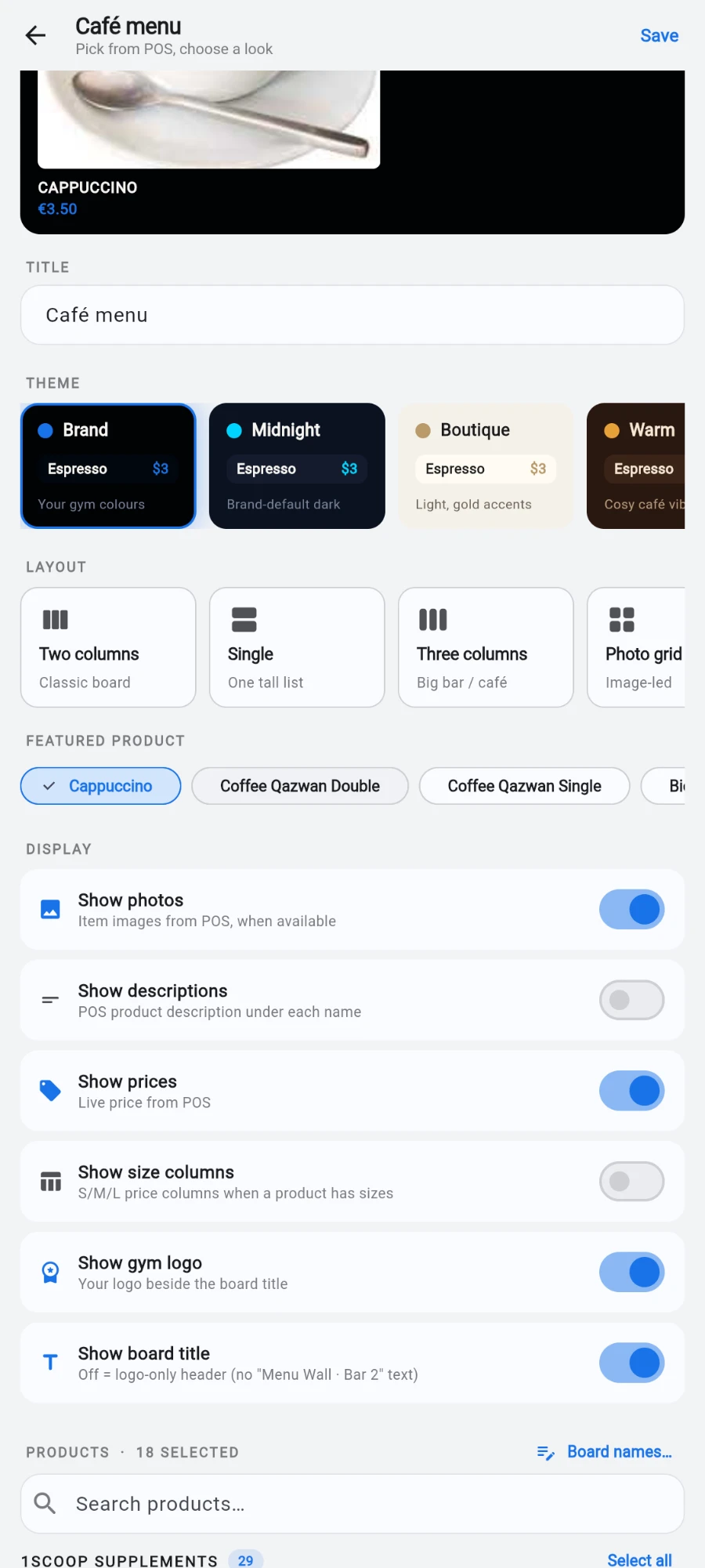 The layout choices and theme row in the editor