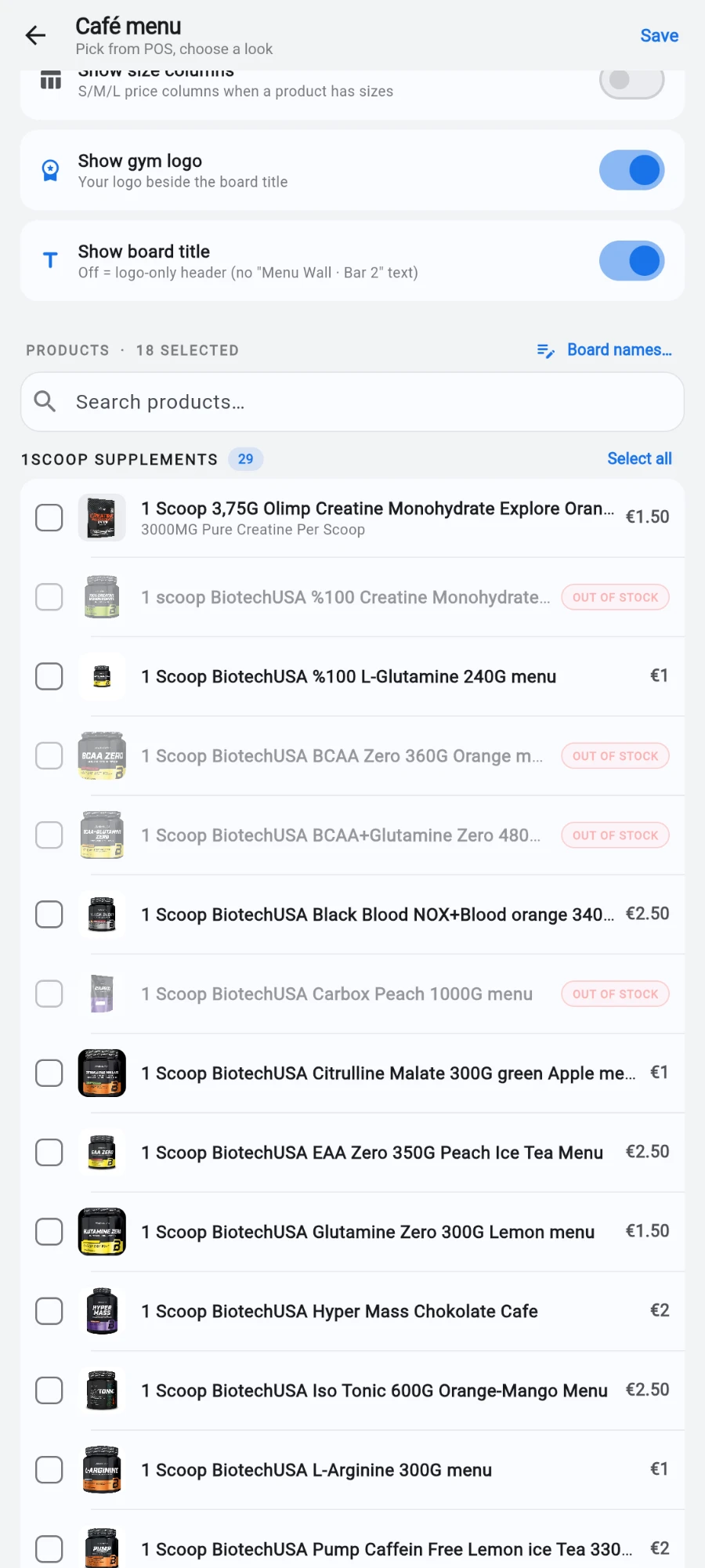 The product picker with an out-of-stock item greyed