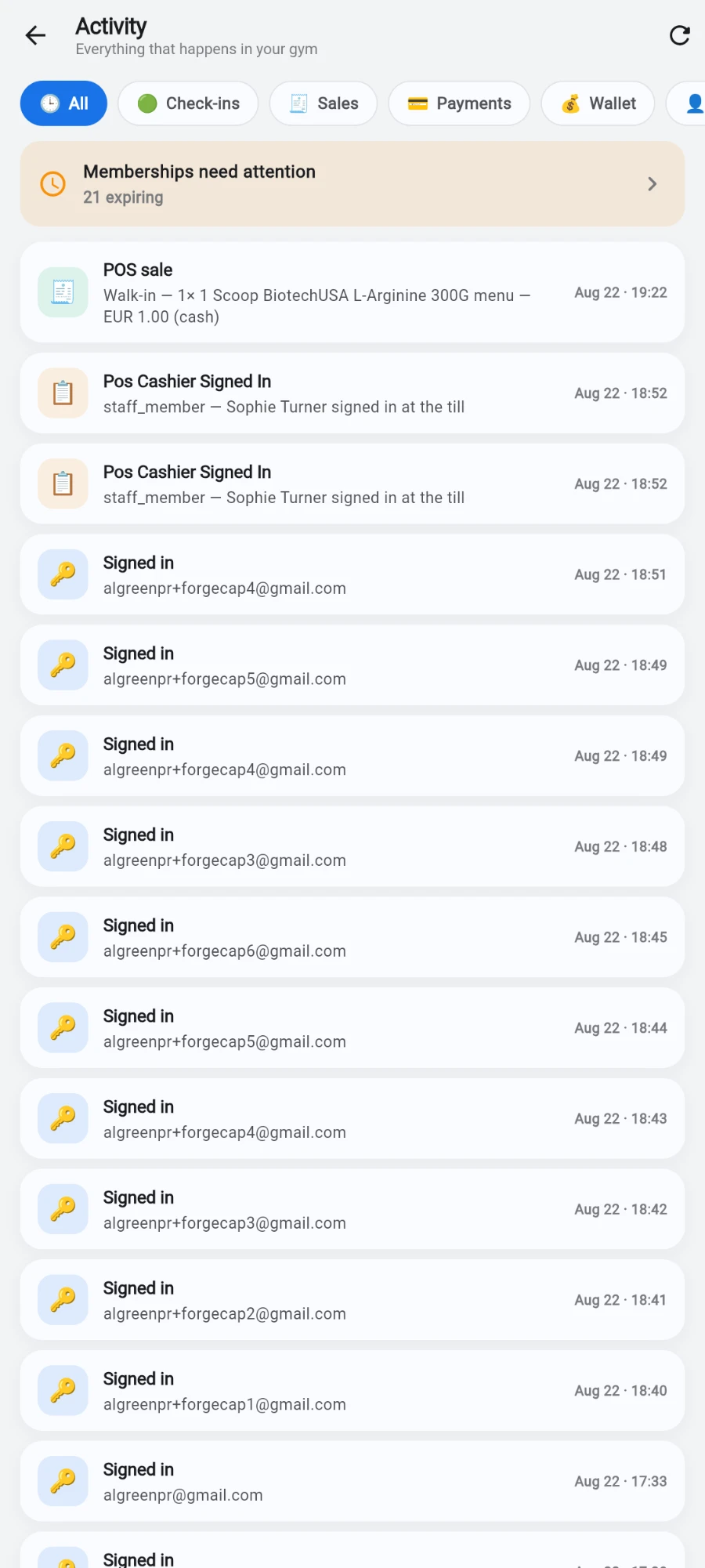 The Activity feed with its filter chips and, at the top, the amber 'Memberships need attention · 21 expiring' card with a chevron