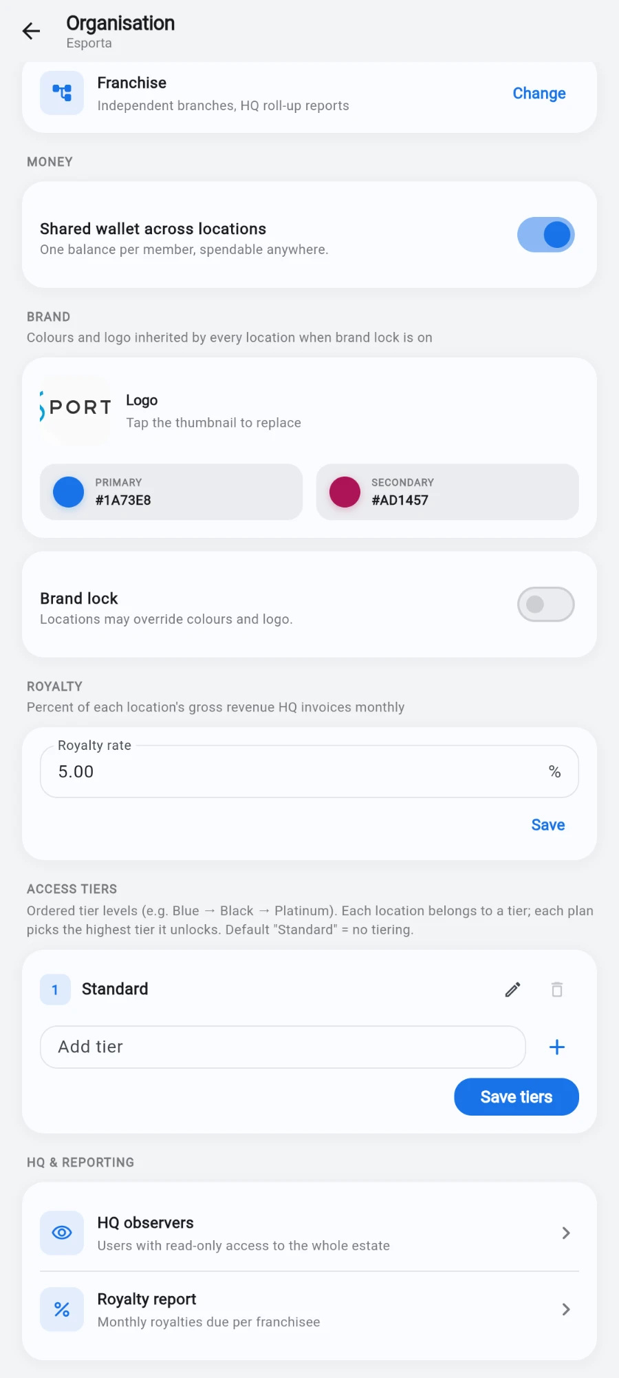 The Brand section of the Organisation screen: the organisation logo thumbnail, primary #1A73E8 and secondary #AD1457 colour swatches, and the Brand lock switch turned off