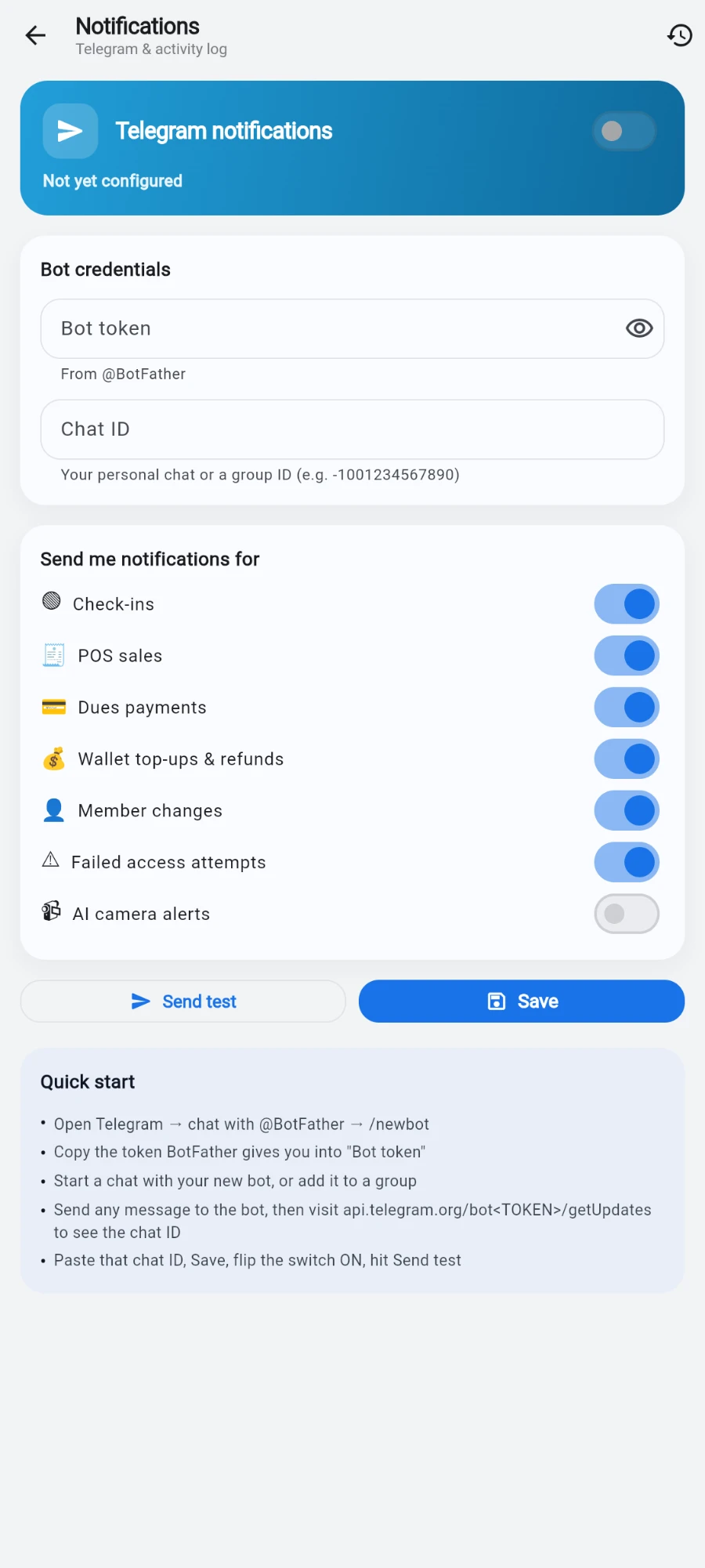 The 'Send me notifications for' card with Check-ins, POS sales, Dues payments, Wallet top-ups & refunds, Member changes and Failed access attempts switched on, and AI camera alerts switched off